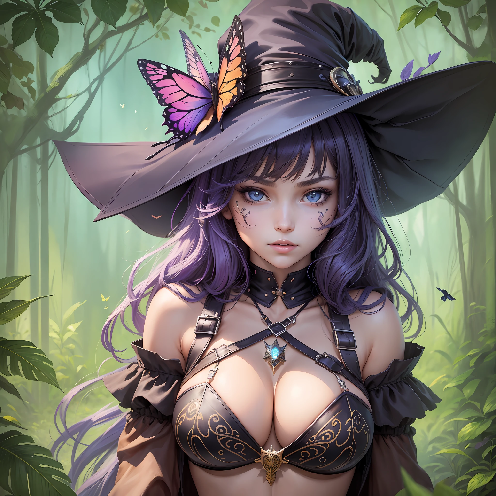 Butterfly, girl, bikini, upper body, witch hat, (detailed face shape: 1.2), (middle chest), (cleavage), (thigh belt), long hair, asymmetrical bangs, tarot frame, portrait centered, ( No weapons), (bouncing breasts), --auto --s2