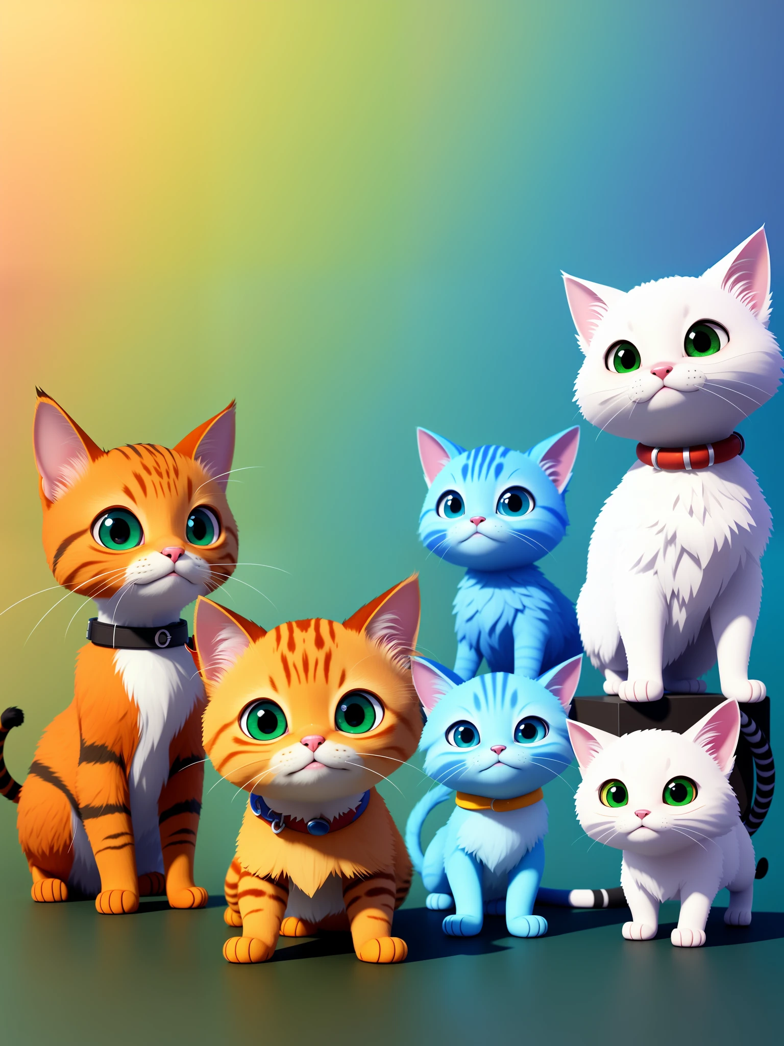 (Unity 8k CG wallpaper very detailed, masterpiece, best quality, super detailed), cartoon, three kittens, N-pose, tilted head, cute, depth of field, cute kitten, smile, mascot, infinite background, cute face, sympathetic smile, art station, detailed digital painting, film, character design of Mark Reidan and Pixar and Hayao Miyazaki, Unreal 5, daz, surreal, octane rendering