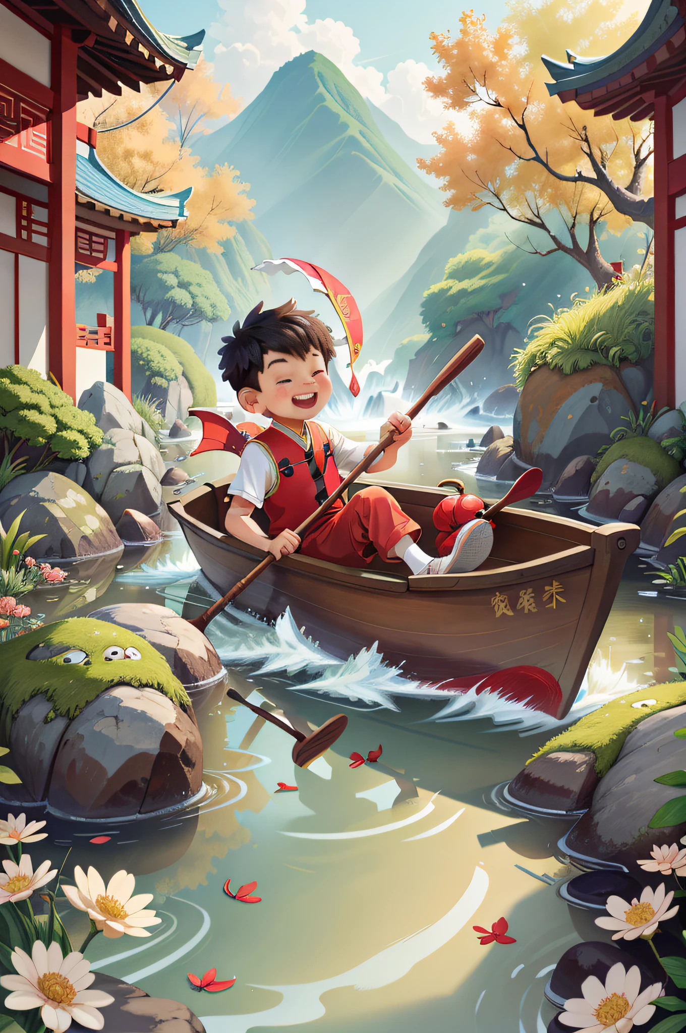 Poster design, (SFW), a rowing boy, Chinese dragon, Chinese traditional costume, spring outing, happy, background is a small river, blurred Chinese architecture in the distance, perfect quality, clear focus, colorful, perfect face, complex details, ultra-low viewing angle, wide angle lens, clean background, long view composition