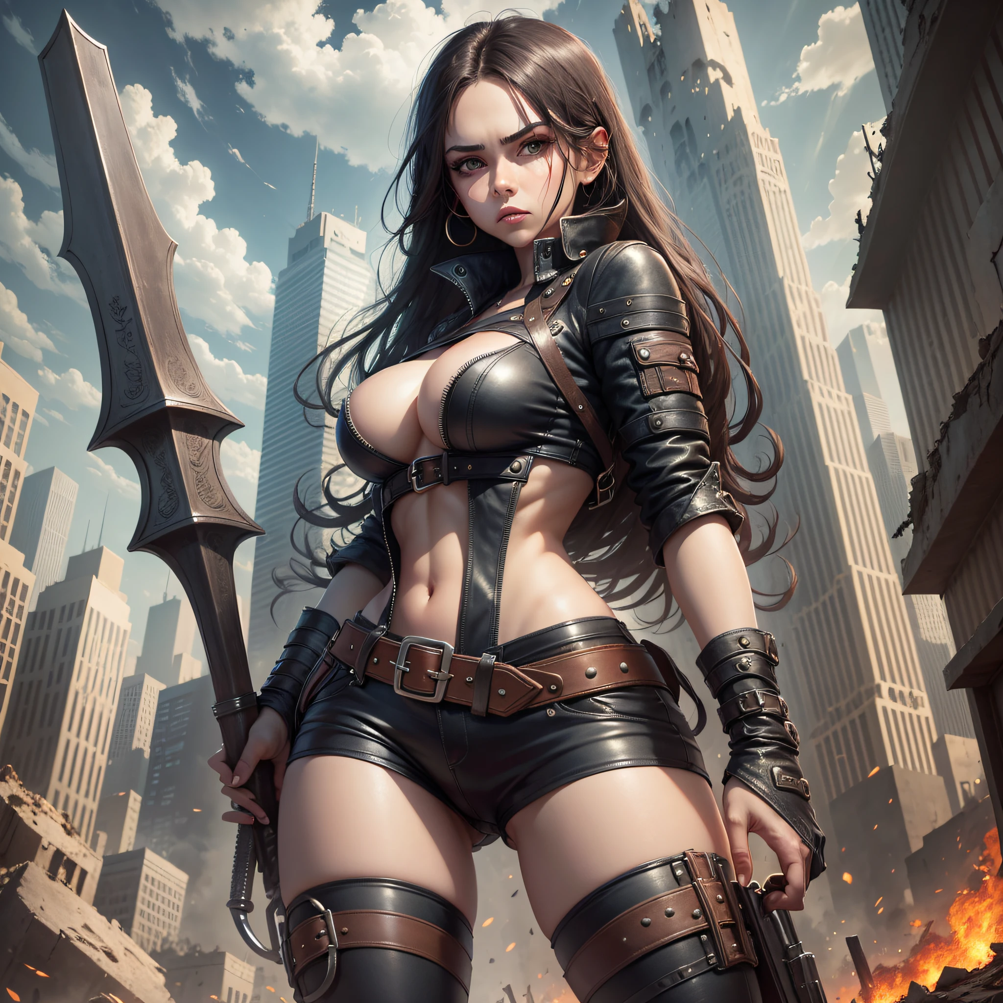 The end of the world, the city collapsed, a ruin, leather clothes and pants, full breasts, long legs, long hair, big eyes, holding weapons, sassy and heroic --auto --s2
