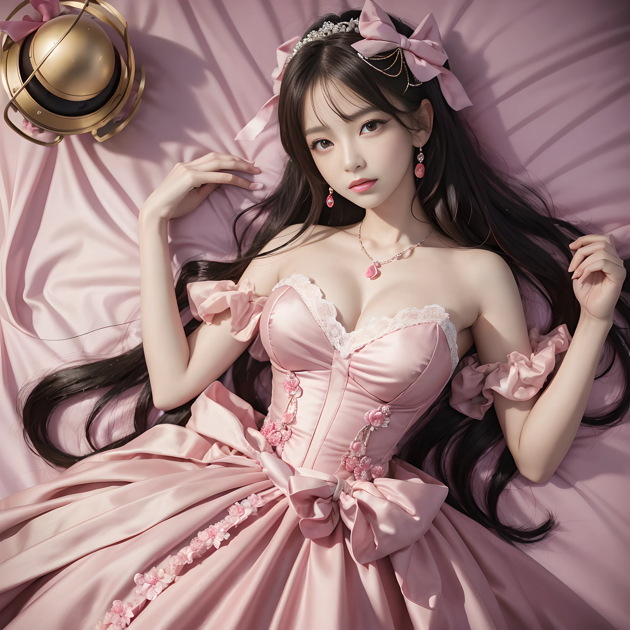 ((Realistic lighting, top quality, 8K, Masterpiece: 1.3)), Clear Focus: 1.2, 1Woman, Perfect Beauty: 1.4, Yushuxin, 1Girl, Dress, Solo, Brunette, Jewelry, Long Hair, Earrings, Bow, Pink Dress, Wood, Nature, Outdoor, Bare Shoulder, Airless Gainsboro, Long Dress, Hair Bow, Forest, Pink Bow,Strapless, Standing, Necklace, Head Tilt, Chapped Lips, Wavy Hair, Strapless Dress,Lace Sleeves, cetin dress,close-up woman in pink dress posing for photo,beautiful virgin,beautiful korean woman, beautiful princess, cute elegant pose, bell delphine, wearing pink dress, beautiful fantasy maiden, anime princess, beautiful seductive anime woman,beautiful asian girl, attractive anime girl, elegant glamorous cosplay,(lying on bed:1.8),(beautiful orb-articulated doll:1.3),luxurious princess dress