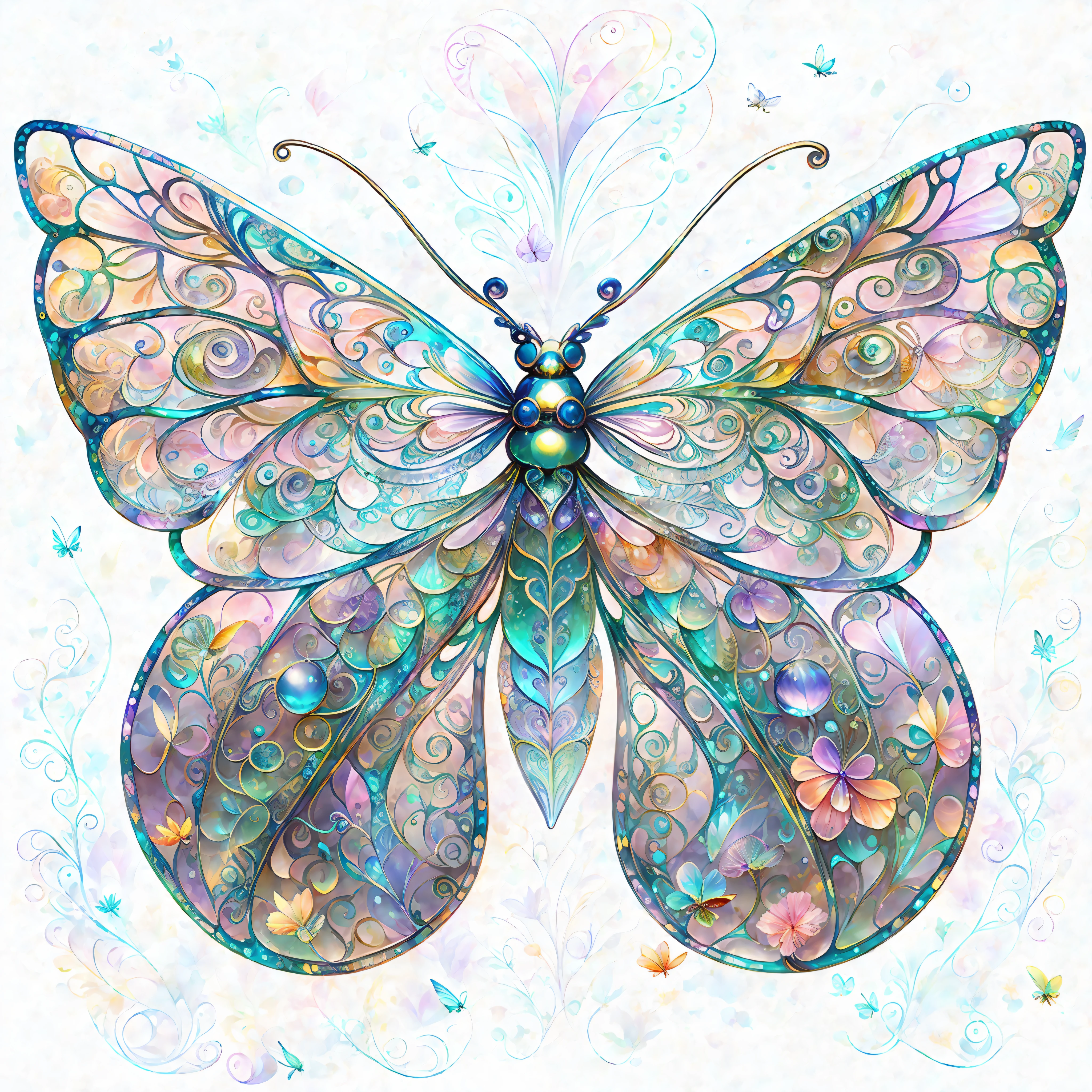 Iridescent colors, flying insects, scales, wings, blue, textured, complex, gorgeous, shadows, pastel colors, 3D, highly detailed, decorative style, Tim Burton, Dale Chihuly, Little Dragon Cheng, Cyril Rolando, by Hour Gigue