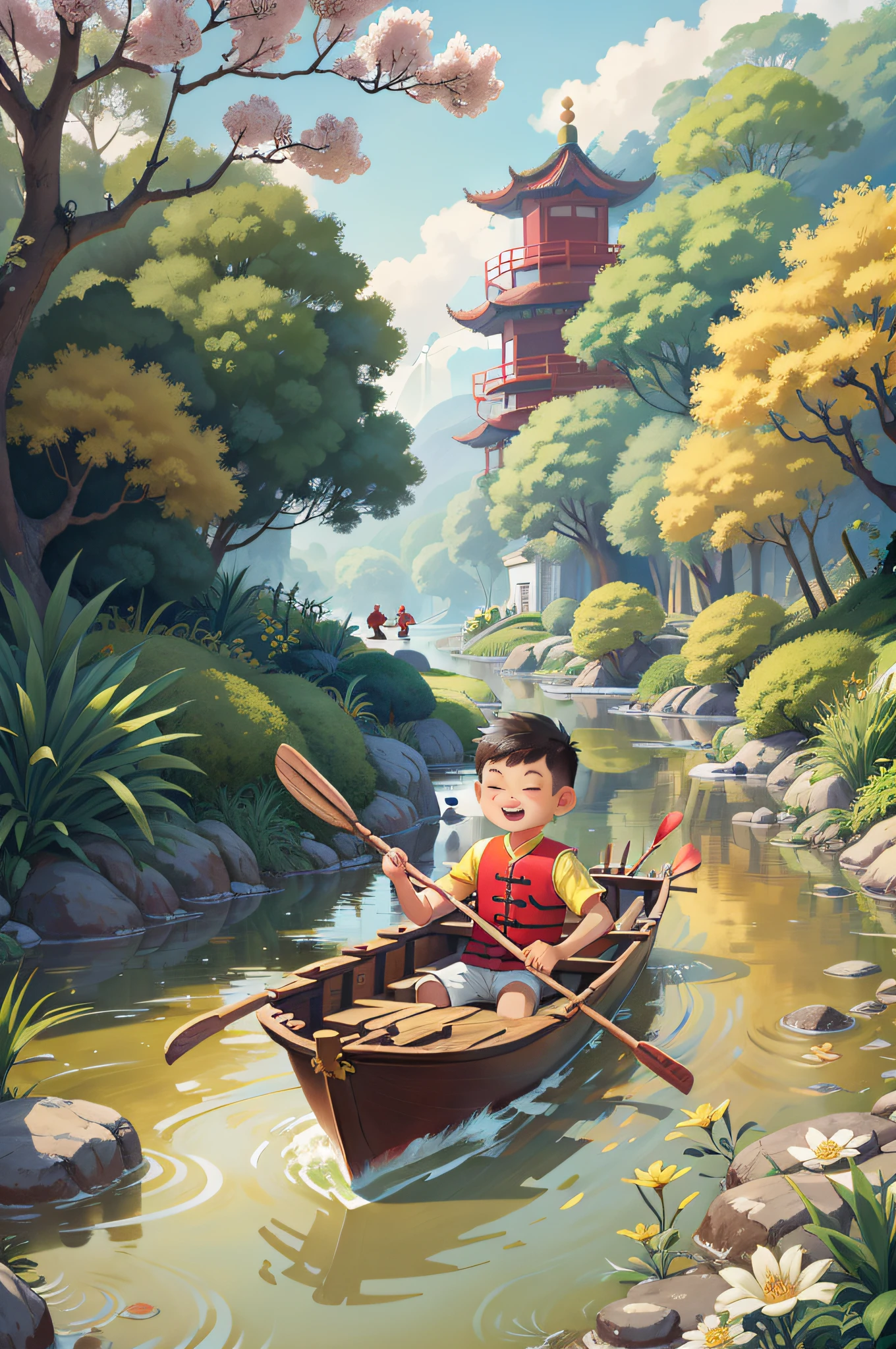 Poster design, (SFW), a rowing boy, Chinese dragon, Chinese traditional costume, spring outing, happy, background is a small river, blurred Chinese architecture in the distance, perfect quality, clear focus, colorful, perfect face, complex details, ultra-low viewing angle, wide angle lens, clean background, long view composition