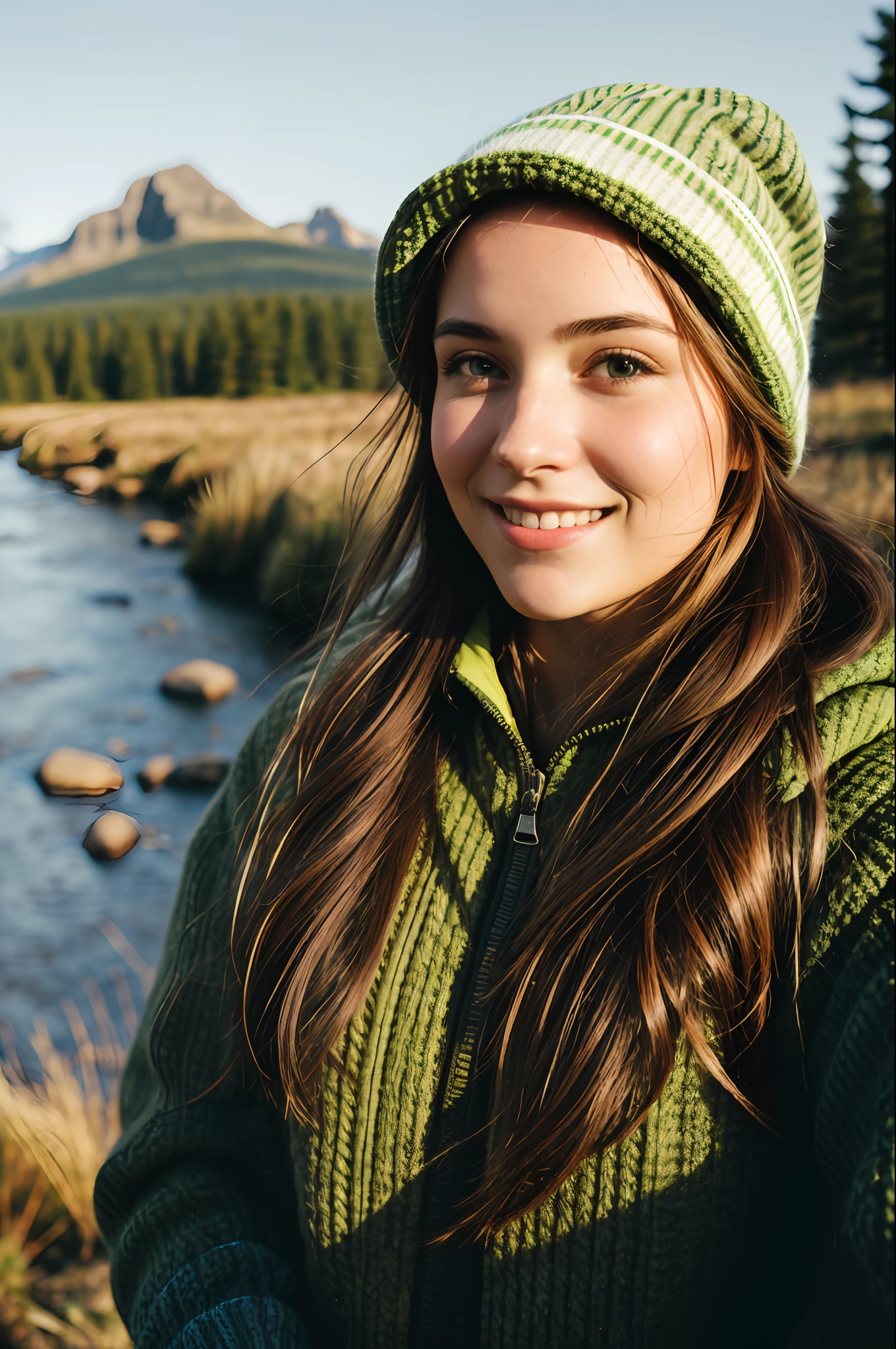 1 woman((lower body selfie, happy)), masterpiece, best quality, ultra-detailed,  solo, outdoors, (night), mountains, nature, (stars, moon)   cheerful, happy, backpack, sleeping bag, camping stove, water bottle, mountain boots, gloves, sweater, hat, flashlight, forest, rocks, river, wood, smoke, shadows, contrast, clear sky, girl facing front of the cam
analog style (look at viewer:1.2)  (skin texture)
(film grain:1.3), (warm hue, warm tone)