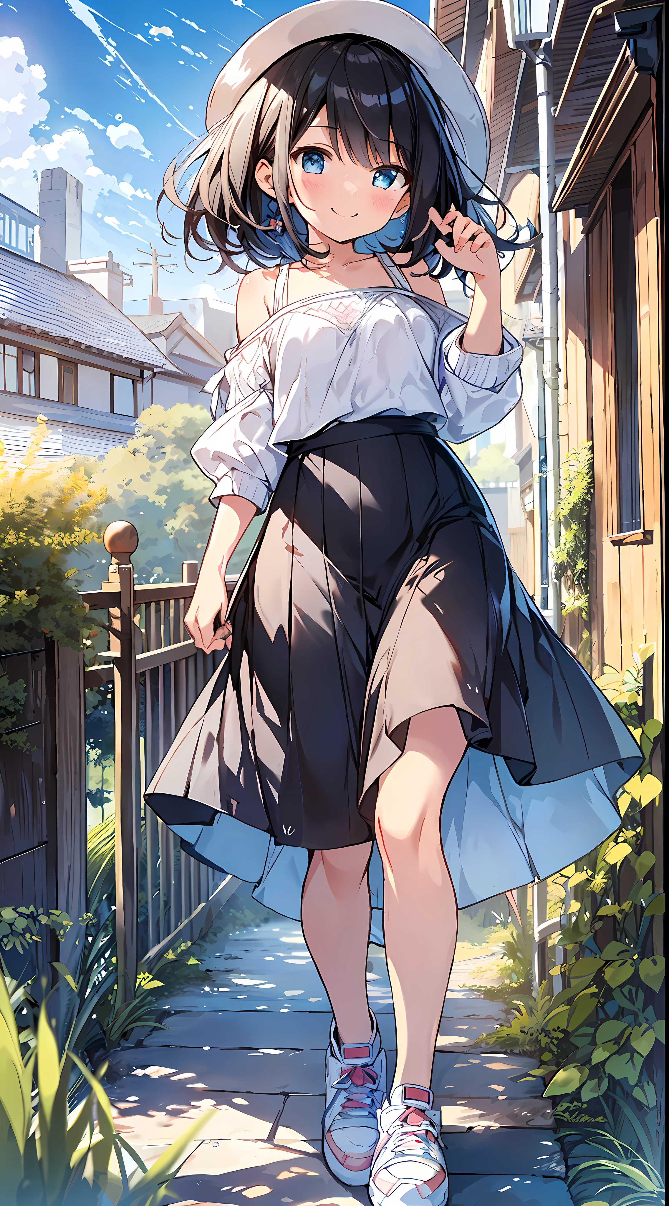 Top quality, masterpiece, ultra high definition, 8k, summer sky, early summer, (light blue maxi skirt, flesh-colored thin knit, sneakers), shojo manga style , one, soft line drawing, digital enhancement, shojo manga touch, shojo manga core, flowing fabric, close-up, (hair length to shoulders and short braids)), wet hair, staring at us from the front, soft drawing, Beautiful black hair, clear eyes, ((teasing smile)), ultra-detailed digital anime art, clear face depiction, ultra-detailed shojo manga character art, ultra-detailed manga style, top quality colors, hand gestures, landscape with nature, looking up at the sky, angle that can see up to your feet