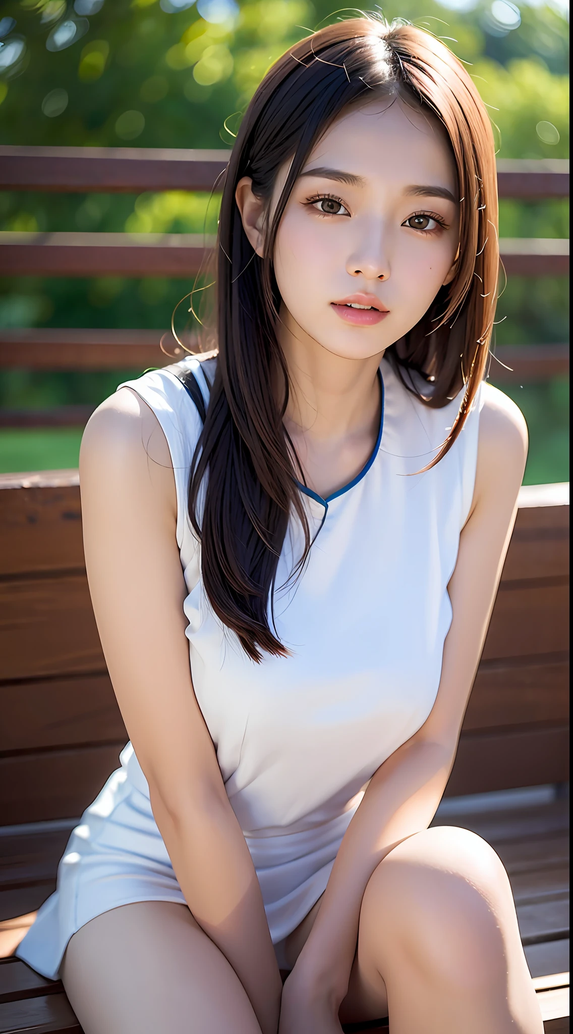 (yinchuan:1.5), close-up, masterpiece, best quality, raw photo, photorealistic, big breasts, beautiful face, soft smile, 20-year-old girl, sleeveless, white mini skirt, beautiful long legs, middle hair depth of field, high resolution, ultra detail, fine detail, very detailed, highly detailed eyes and face, sharp pupils, realistic pupils,