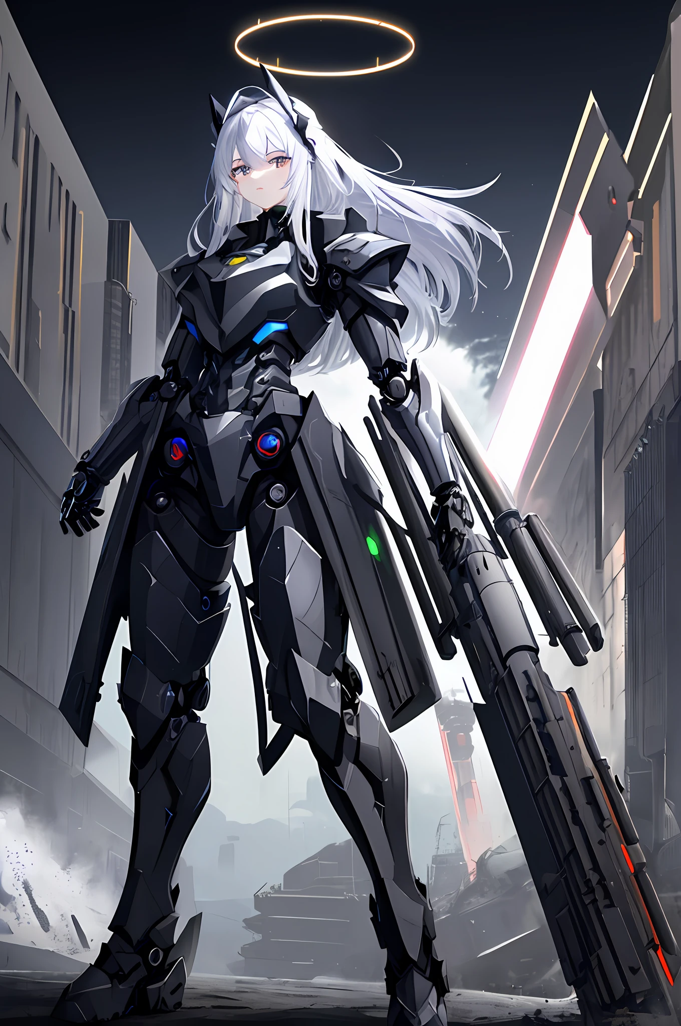 Top quality, masterpiece, highly detailed 8k wallpaper, female robot, mechanical joint limbs, the whole body is covered with heavy mechanical armor, connected cables, tubes connecting the body, long white hair, huge armor on both shoulders, huge thrusters on the hips, open stance, depiction from knees to head, floating mechanical fortress, (Sharp-angled headgear on both sides of the head:1.2), (Mechanical Giant Black Halo: 1.2), backpack weapon, Black Giant Weapon, Black Giant Canon, Black Giant Laser Rifle, Mechanical Nuclear Giant Rifle,