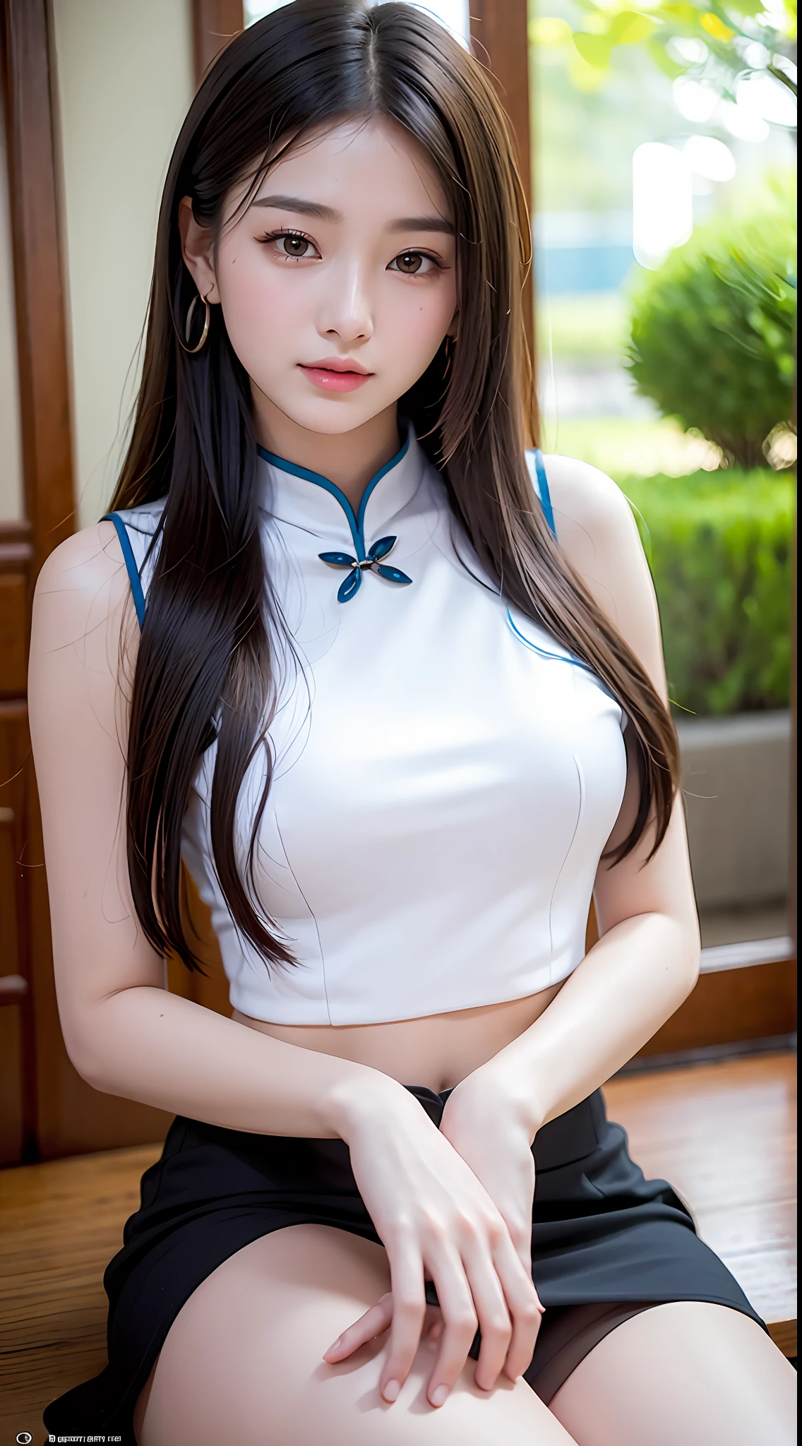 (yinchuan:1.5), close-up, masterpiece, best quality, raw photo, photorealistic, big breasts, beautiful face, soft smile, 20-year-old girl, sleeveless, white mini skirt, beautiful long legs, middle hair depth of field, high resolution, ultra detail, fine detail, very detailed, highly detailed eyes and face, sharp pupils, realistic pupils,