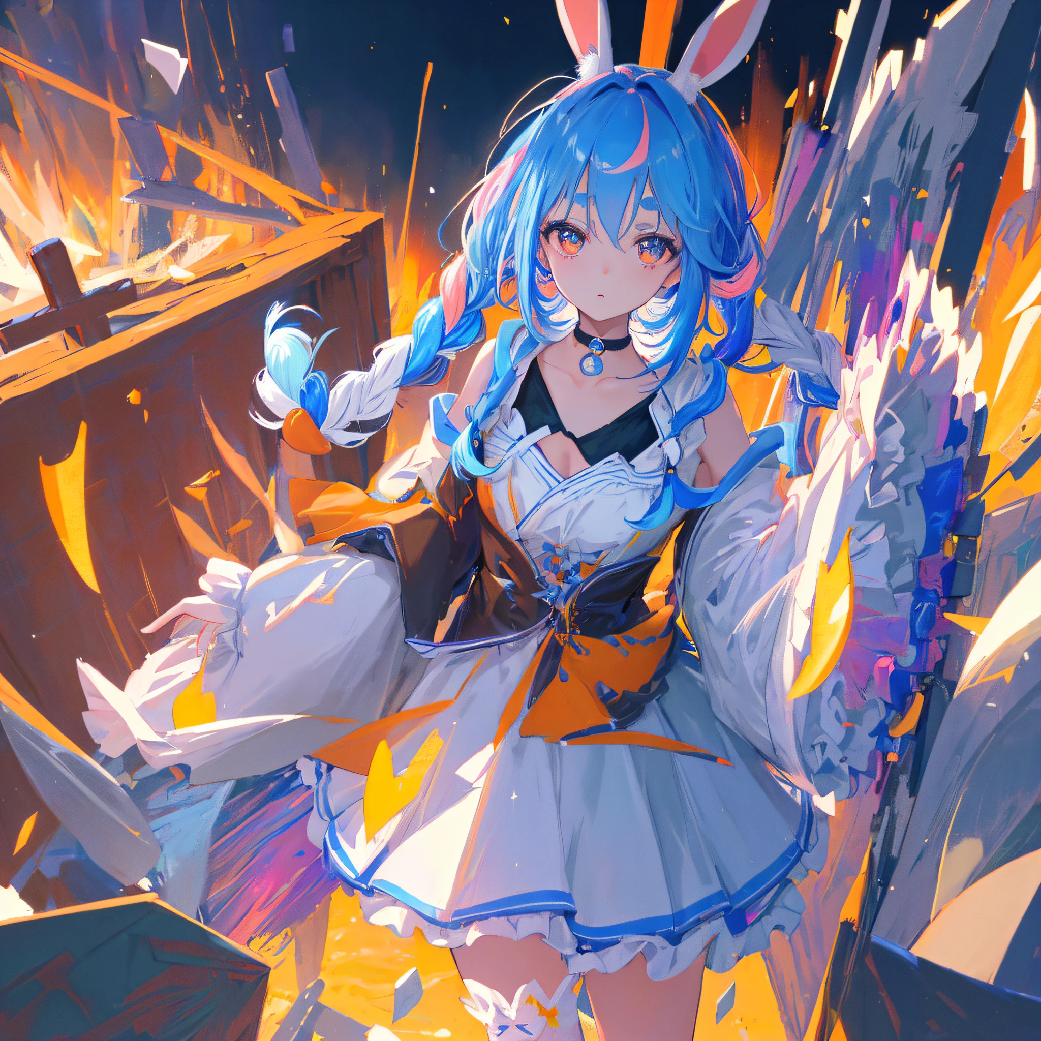 (人物: Usada Pekora), bunny girl, blue hair, twin braids, a girl, solo, {{masterpiece}}, best quality, extremely detailed CG unity 8k wallpaper, cinematic lighting, lens flare, beautiful detail eyes, side glance, colorful light, particles, (colorful:1.5), (colorful hair:1.5)