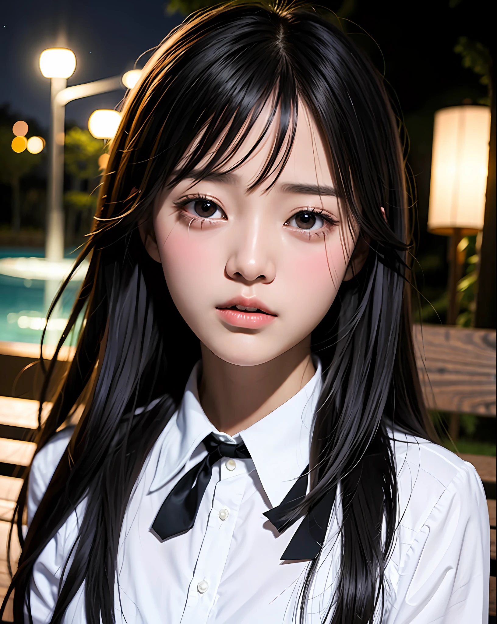Masterpiece, best picture quality, beautiful girl, 15 years old, long hair, black hair, bangs, black cat suit, student, white blouse, red bow tie, cream cardigan, from waist up, up close, night park, moonlight, bench, fountain, street lamp, detailed eyes, big eyes, swollen eyes, depressed expression, looking forward, realistic photo, actual photo, double eyelids, Japanese girl, beautiful Asian girl, crying expression,