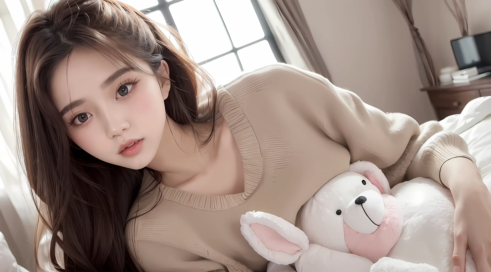 1girl walking on the river, mix4, sweater, pillow, lips, open_mouth, realistic, photo_\(medium\), solo, stuffed_animal, stuffed_toy, teddy_bear, (masterpiece), (realism: 1.3), super detailed, (High detail skin: 1.2), (Best quality: 1.0), (Ultra resolution: 1.0), (ULZZANG-6500: 0.3), wavy detail hair, long hair, sunshine, (beautiful detail makeup), (sexually aroused blush, heavy breath: 1.0), floral theme petals scattered, (soft light bloom: 0.5)