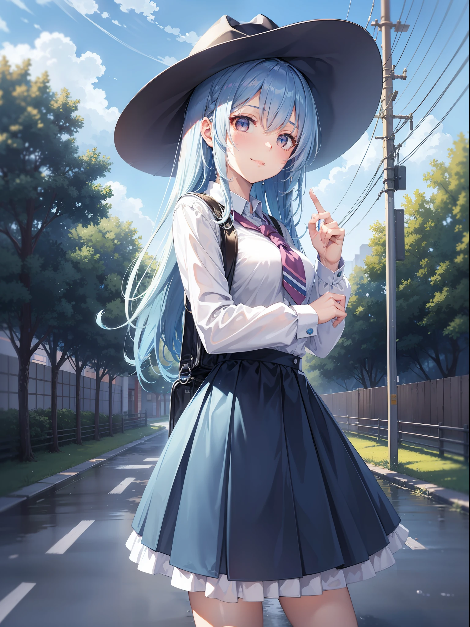 a beautiful female, walk on the schoo road, the girl flicks her long gair and picks a school bag, wearing school uniform, two side of trees besid the road, wind blow, paddle of water on the ground, a drip of water drop from the tress, pieces of levies fall down, in the afternoon, rainny, long hair, gradient hair, blue hair, silver hair, black hair, fingersmile, cowboy shot, first-person view, ray tracing, reflection light, anime style, masterpiece, high quality, anatomically correct, ccurate, super detail, UHD, HD