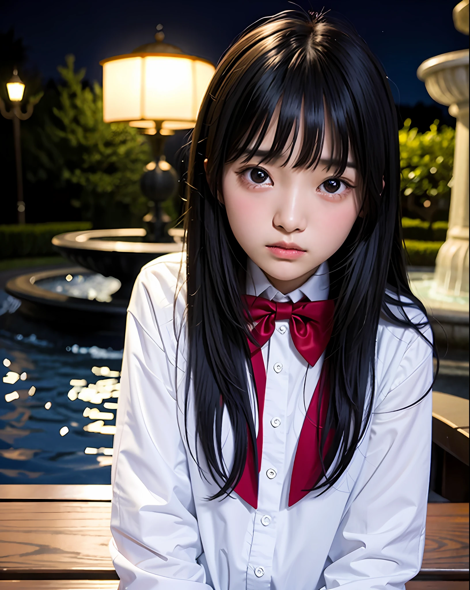 Masterpiece, best picture quality, beautiful girl, 15 years old, long hair, black hair, bangs, black cat suit, student, white blouse, red bow tie, cream cardigan, from waist up, up close, night park, moonlight, bench, fountain, street lamp, detailed eyes, big eyes, swollen eyes, depressed expression, looking forward, realistic photo, actual photo, double eyelids, Japanese girl, beautiful Asian girl, crying expression,