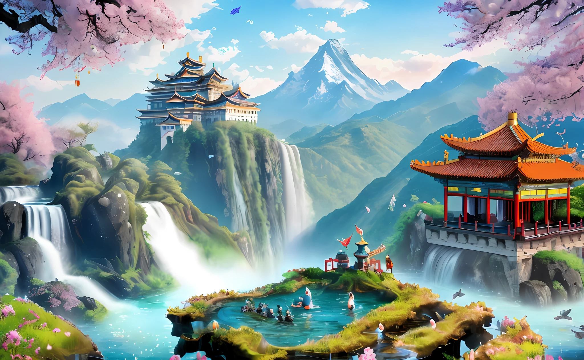 Chinese ancient buildings, castles in the sky, exquisite and fine, real, trees, mountains, water, sunshine, fairy fluttering, dream, waterfall, flowers, falling flowers, cultivating immortals, online game fairies, heavenly court