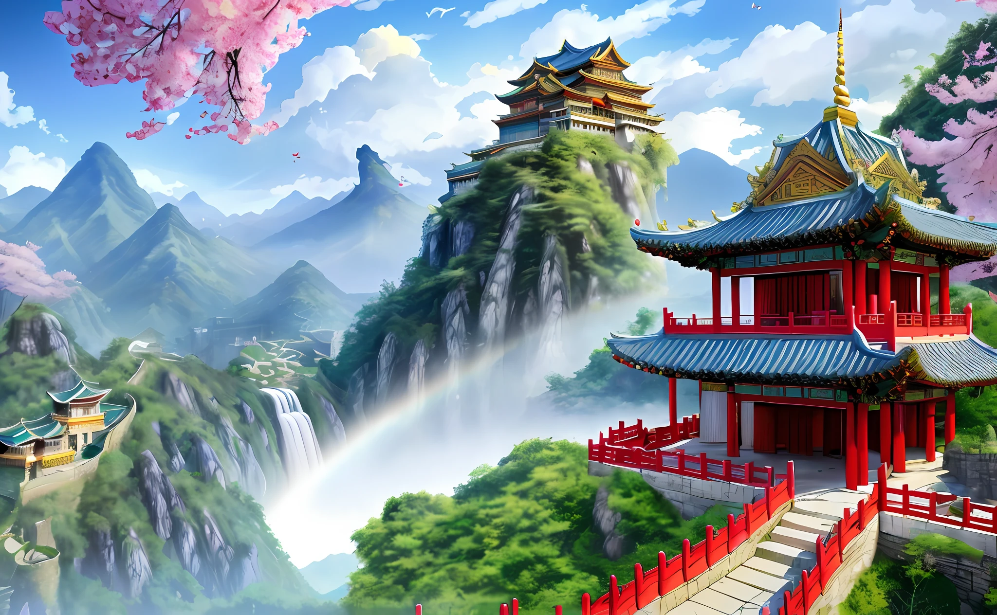 Chinese ancient buildings, castles in the sky, exquisite and fine, real, trees, mountains, water, sunshine, fairy fluttering, dream, waterfall, flowers, falling flowers, cultivating immortals, online game fairies, heavenly court