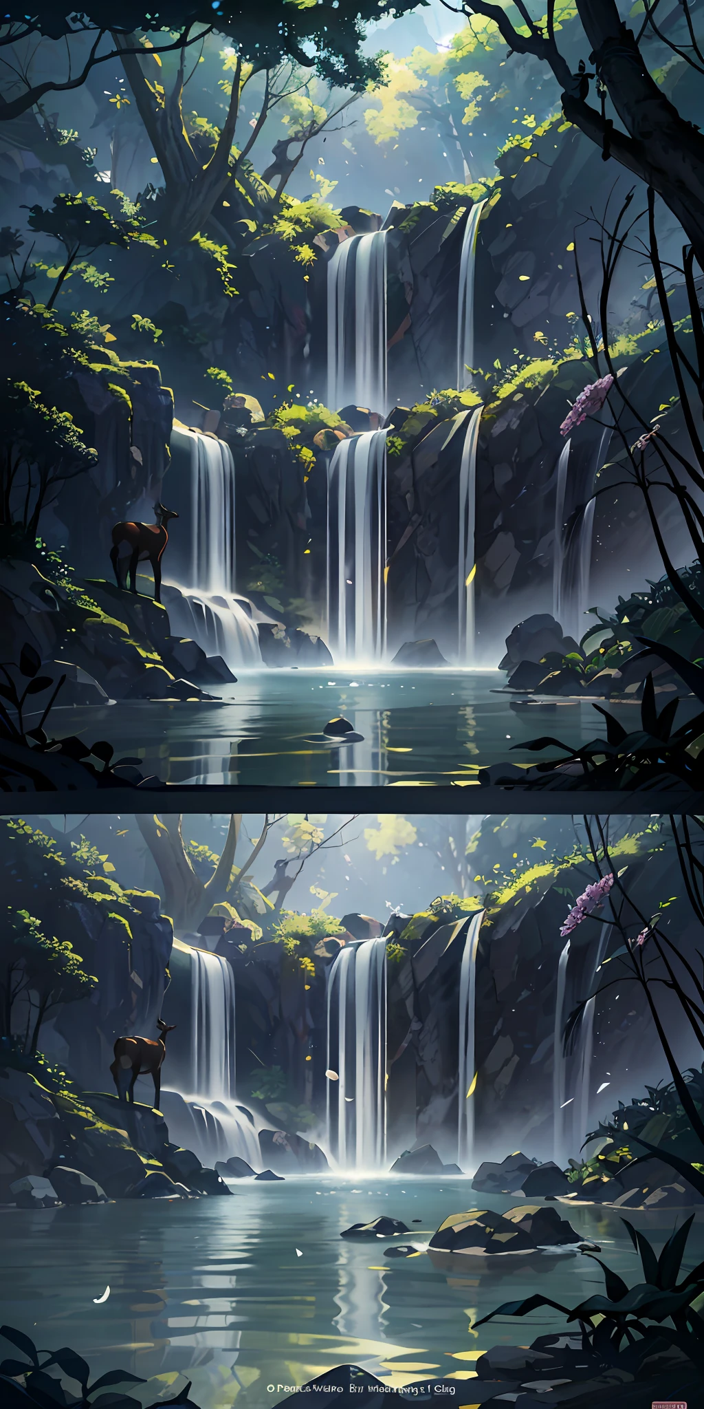 Chinese ancient times, spring, jungle, lake, cave, waterfall, tree, meadow, rock, deer, hot spring, water vapor, (illustration: 1.0), epic composition, realistic lighting, HD details, masterpiece, best quality, (very detailed CG unified 8k wallpaper)