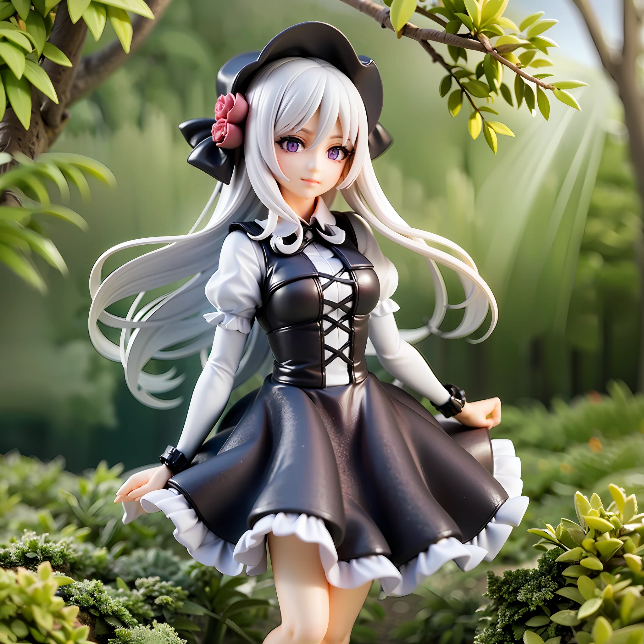 White Hair, Gothic ta, Purple Eyes, Straight Long Hair,1girl, on grass, sunlight,beautiful eye,full body, chibi, [realistic], [3d], smile, closed mouth,(8k, RAW photo, best quality, masterpiece:1.2), ultra high res, (((realistic, photo-realistic))), professional lighting, detailed lighting, professional photography, fisheye, dynamic angle, high quality, high res, extremely detailed, bloom,depth of field, sketch, sharp focus, soft lighting, good composition, god light highlight, detailed, (((photorealistic details))), detailed skin, to8contrast style