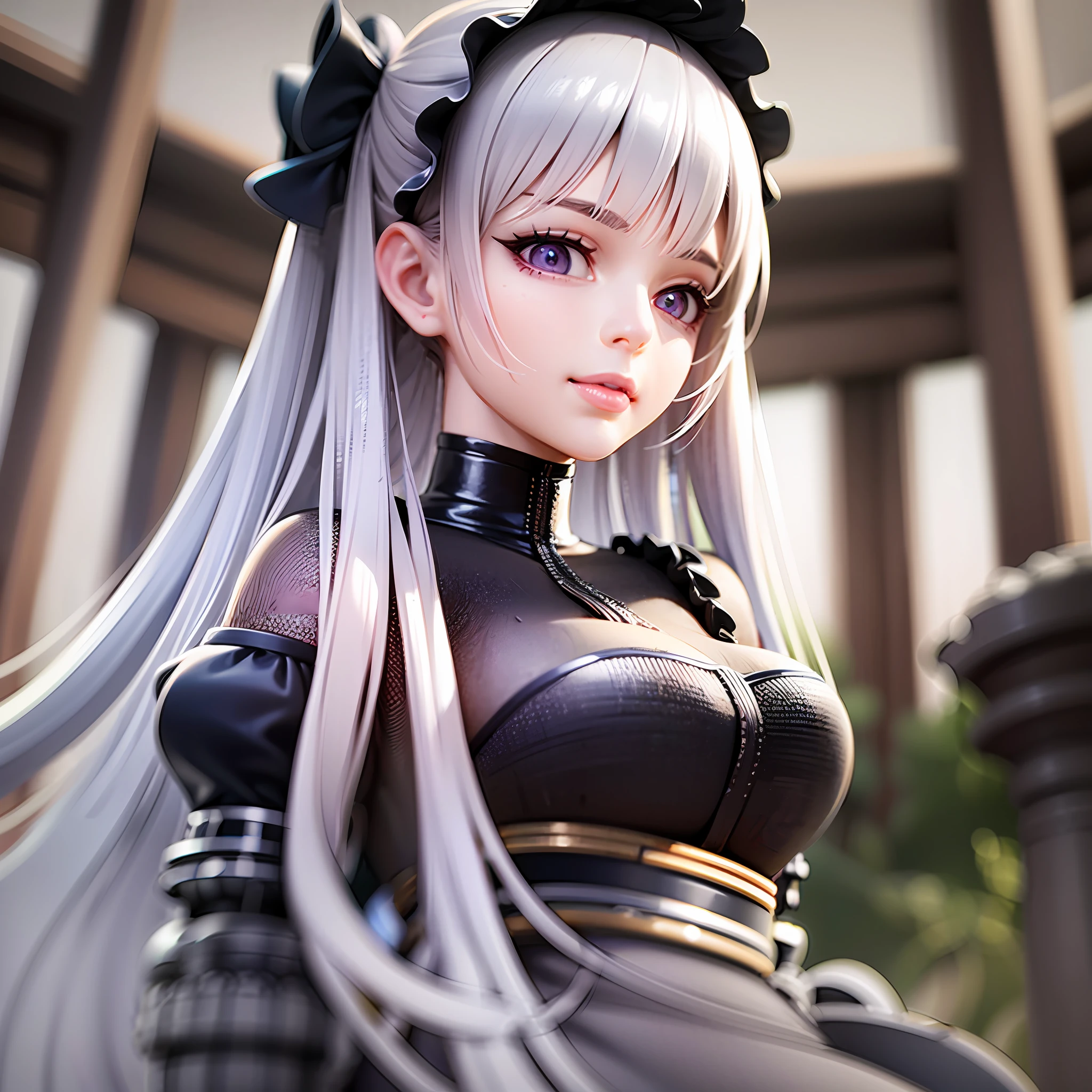White Hair, Gothic Lolita, Purple Eyes, Straight Long Hair,1girl, on grass, sunlight,beautiful eye,full body, chibi, [realistic], [3d], smile, closed mouth,(8k, RAW photo, best quality, masterpiece:1.2), ultra high res, (((realistic, photo-realistic))), professional lighting, detailed lighting, professional photography, fisheye, dynamic angle, high quality, high res, extremely detailed, bloom,depth of field, sketch, sharp focus, soft lighting, good composition, god light highlight, detailed, (((photorealistic details))), detailed skin, to8contrast style