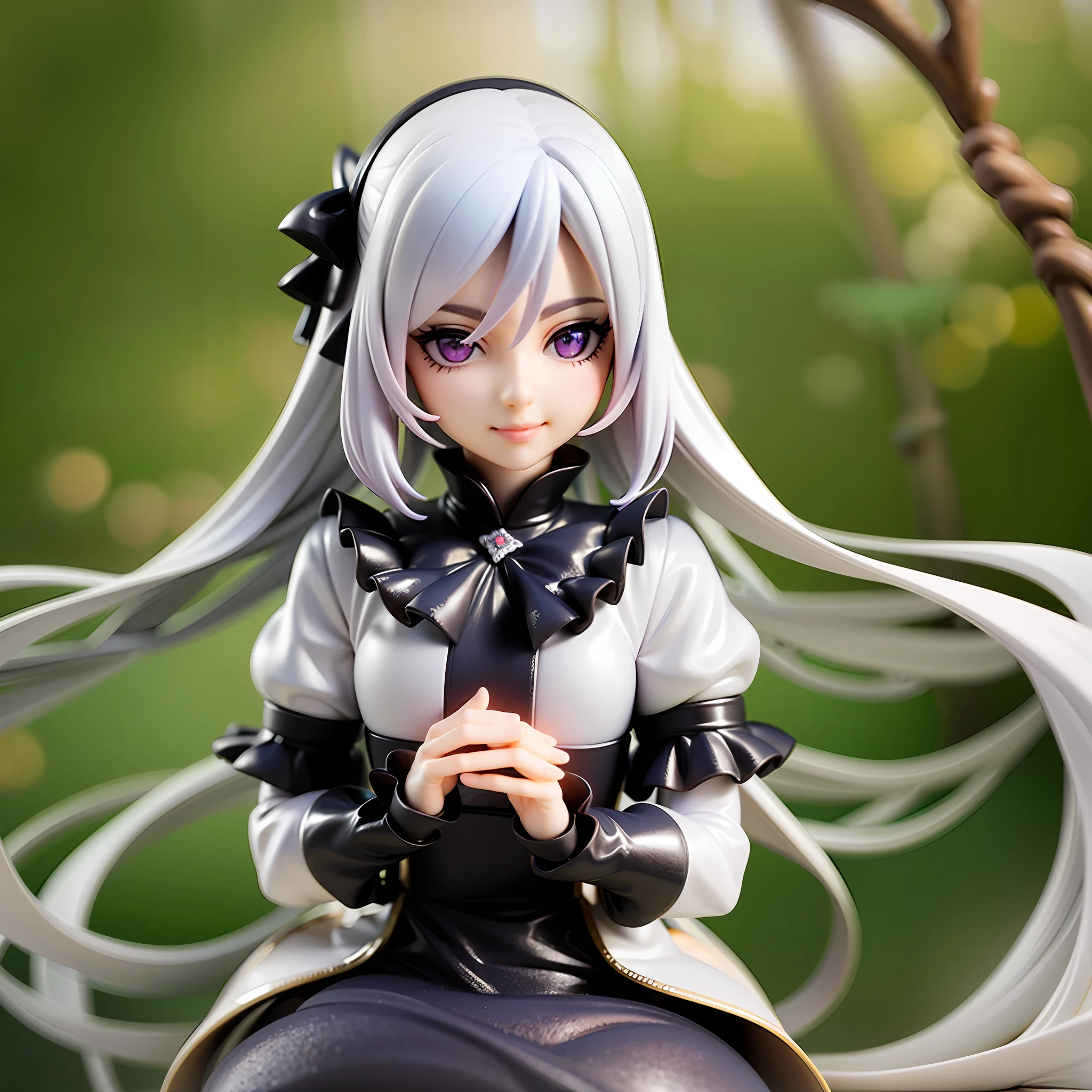 White Hair, Gothic Lolita, Purple Eyes, Straight Long Hair,1girl, on grass, sunlight,beautiful eye,full body, chibi, [realistic], [3d], smile, closed mouth,(8k, RAW photo, best quality, masterpiece:1.2), ultra high res, (((realistic, photo-realistic))), professional lighting, detailed lighting, professional photography, fisheye, dynamic angle, high quality, high res, extremely detailed, bloom,depth of field, sketch, sharp focus, soft lighting, good composition, god light highlight, detailed, (((photorealistic details))), detailed skin, to8contrast style