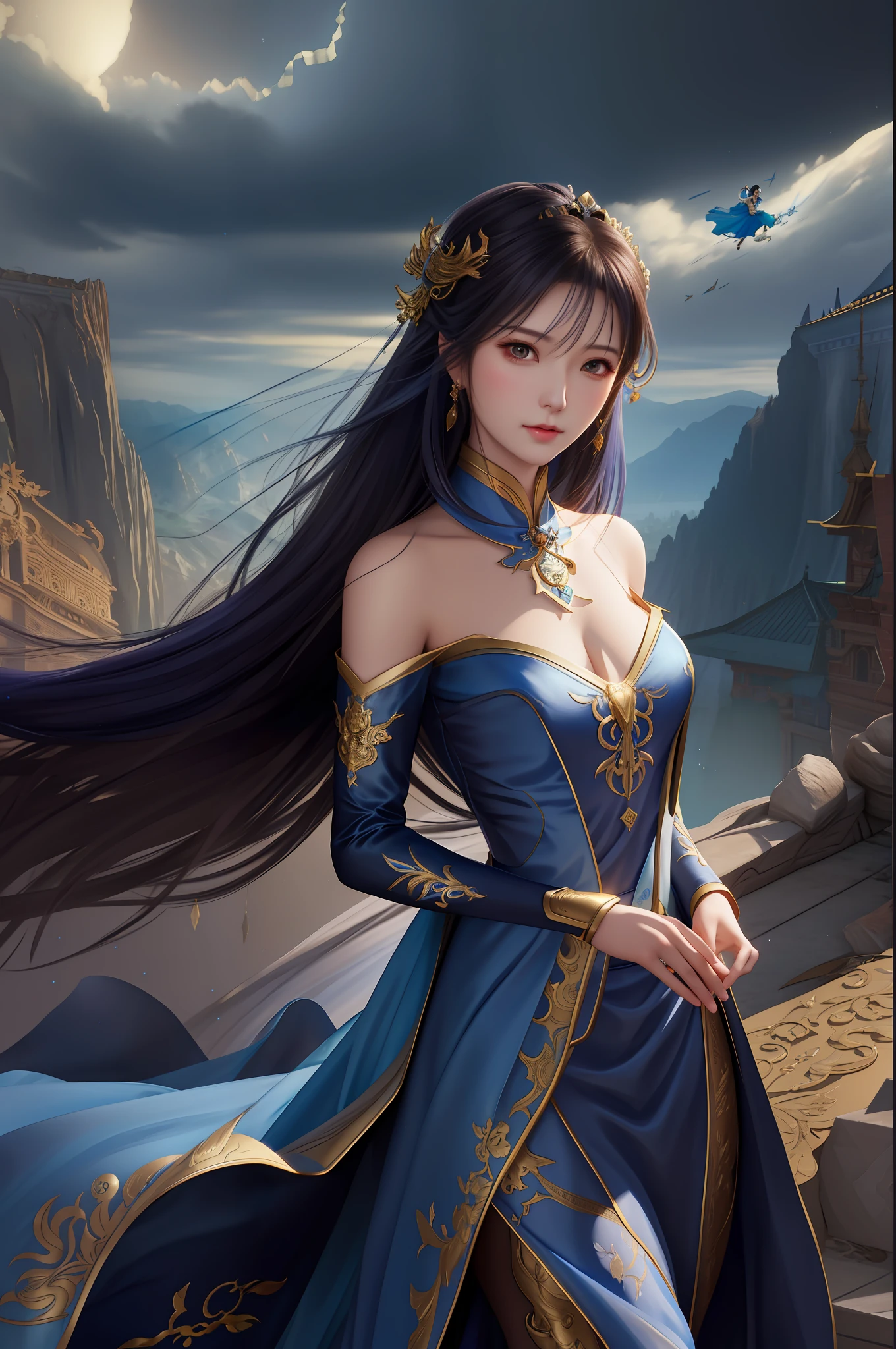 arafed woman in a blue dress with a long flowing hair, extremely detailed artgerm, a beautiful fantasy empress, artgerm and ruan jia, by Yang J, beautiful character painting, by ruan jia and stanley artgerm, ruan jia and artgerm, ig model | artgerm, artgerm. anime illustration