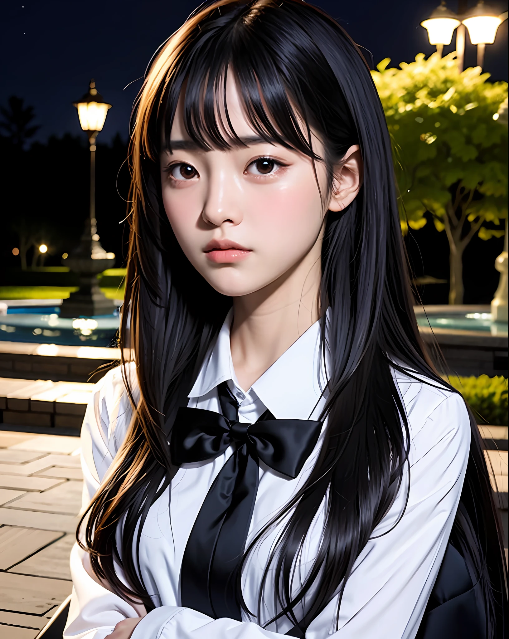 Masterpiece, best picture quality, beautiful girl, , long hair, black hair, bangs, black cat suit, student, white blouse, red bow tie, cream cardigan, from waist up, up close, park, moonlight, bench, fountain, street lamp, detailed eyes, big eyes, swollen eyes, depressed expression, facing front, realistic photo, actual photo, double eyelids, Japanese girl, beautiful Asian girl, crying expression, facing straight on, close-up,