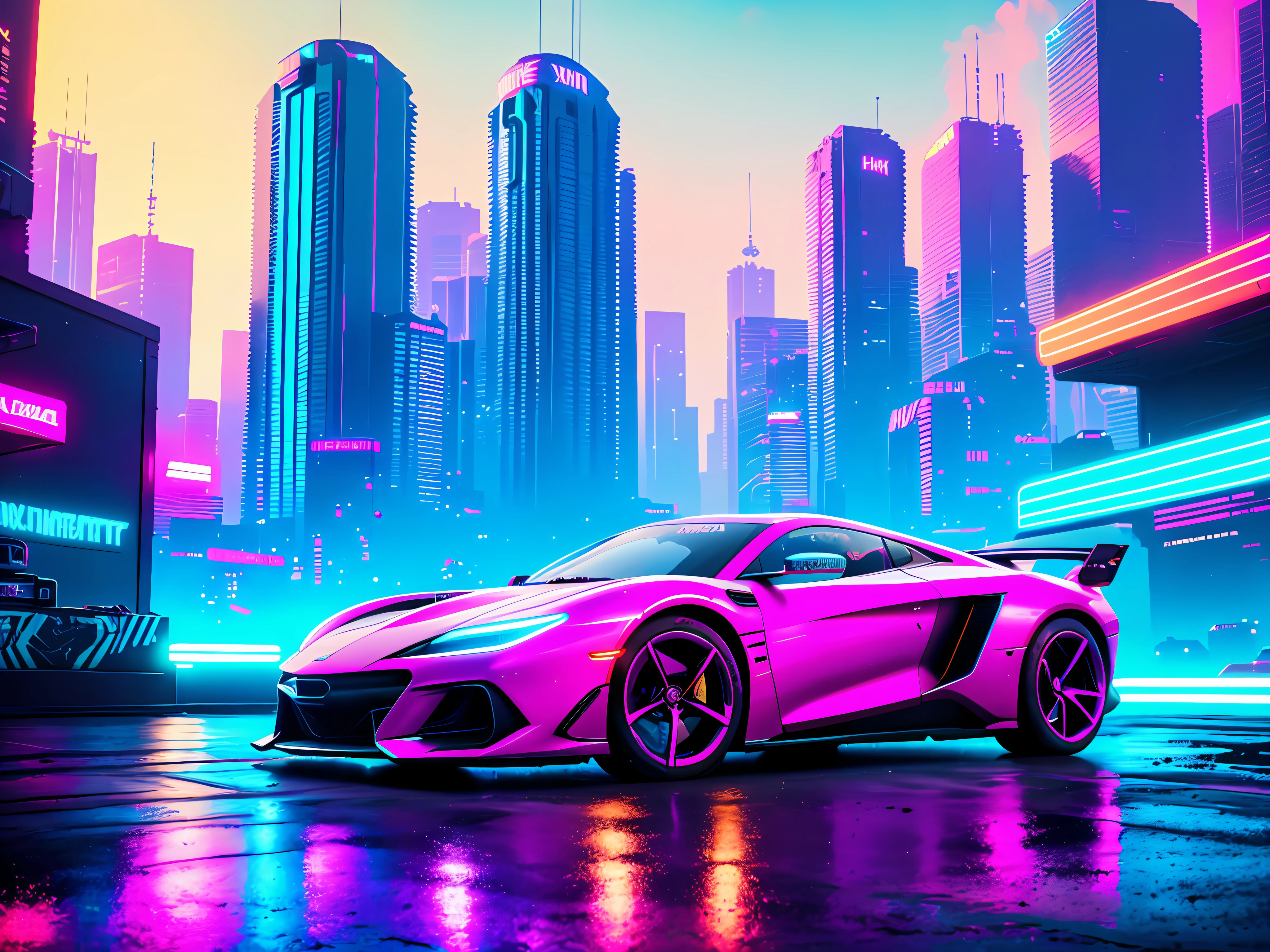 swpunk, synthwave, paint splatters, (extremely detailed 8k wallpaper), a medium shot photo of a futuristic concept car parked in an elaborate cyberpunk city, ray tracing, detailed reflections, Intricate, High Detail, dramatic, best quality masterpiece, photorealistic, detailed, 8k, HDR, backlighting, bloom, light sparkles, chromatic aberration, sharp focus