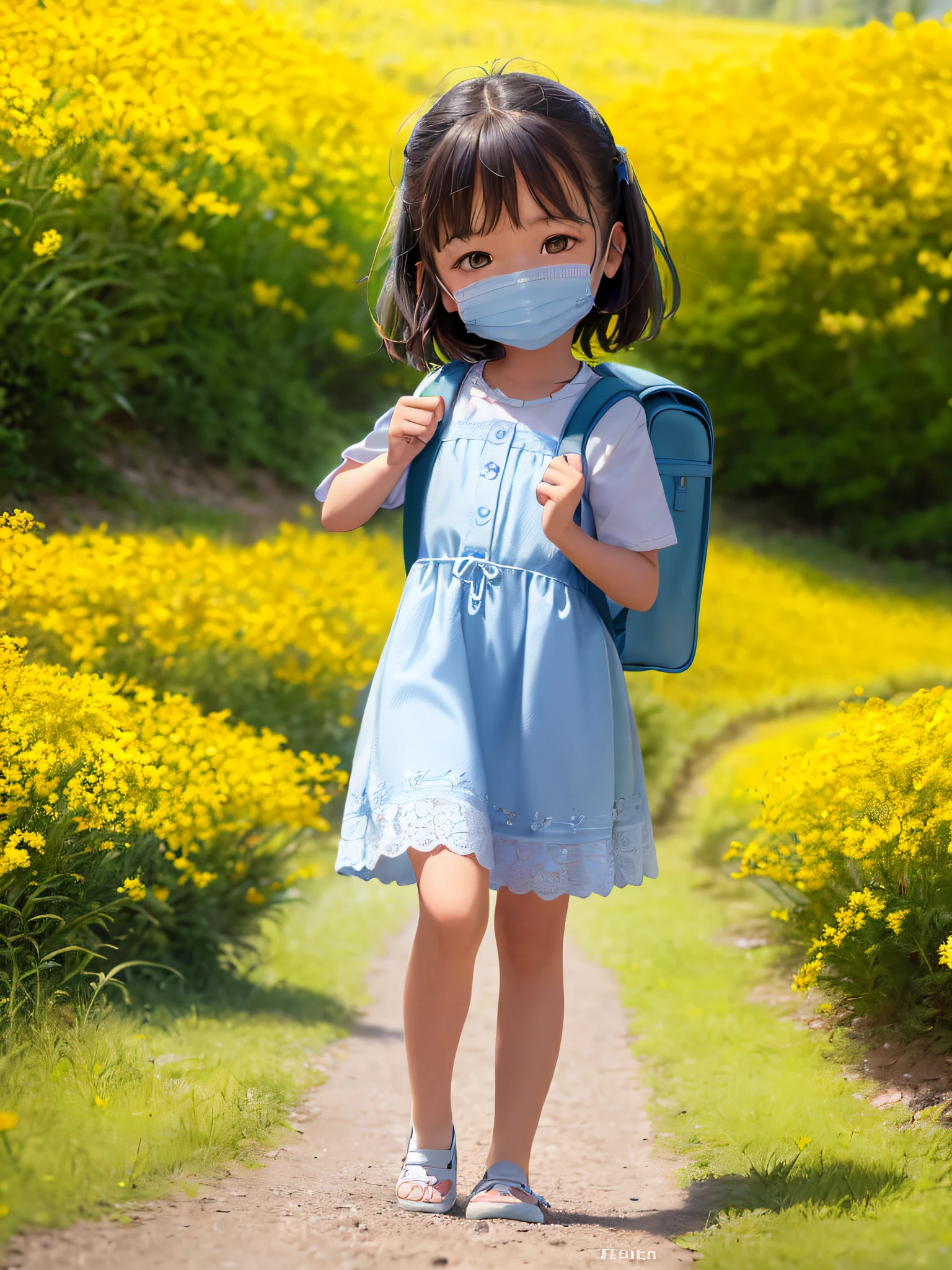 A charming carrying a backpack and her adorable puppy is enjoying a lovely spring outing surrounded by beautiful yellow flowers and natural scenery. The illustration is a high definition illustration in 4K resolution, with highly detailed facial features and cartoon-style visuals, (with a mask)