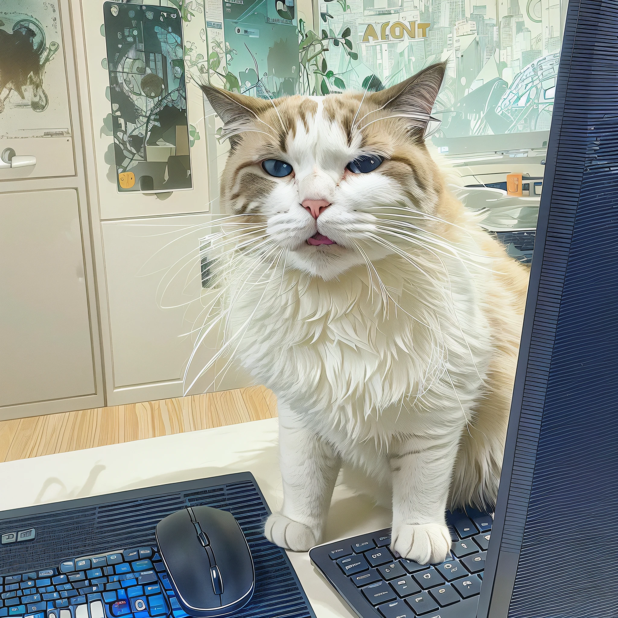 there is a cat sitting on a computer keyboard next to a mouse, angry cat, fat cat on desk, in front of a computer, the cat is smiling, a cat is smiling, taken with sony alpha 9, sitting on a lab table, he is angry, awesome cat, an angry, angry looking at camera, sitting at a computer, very angry
