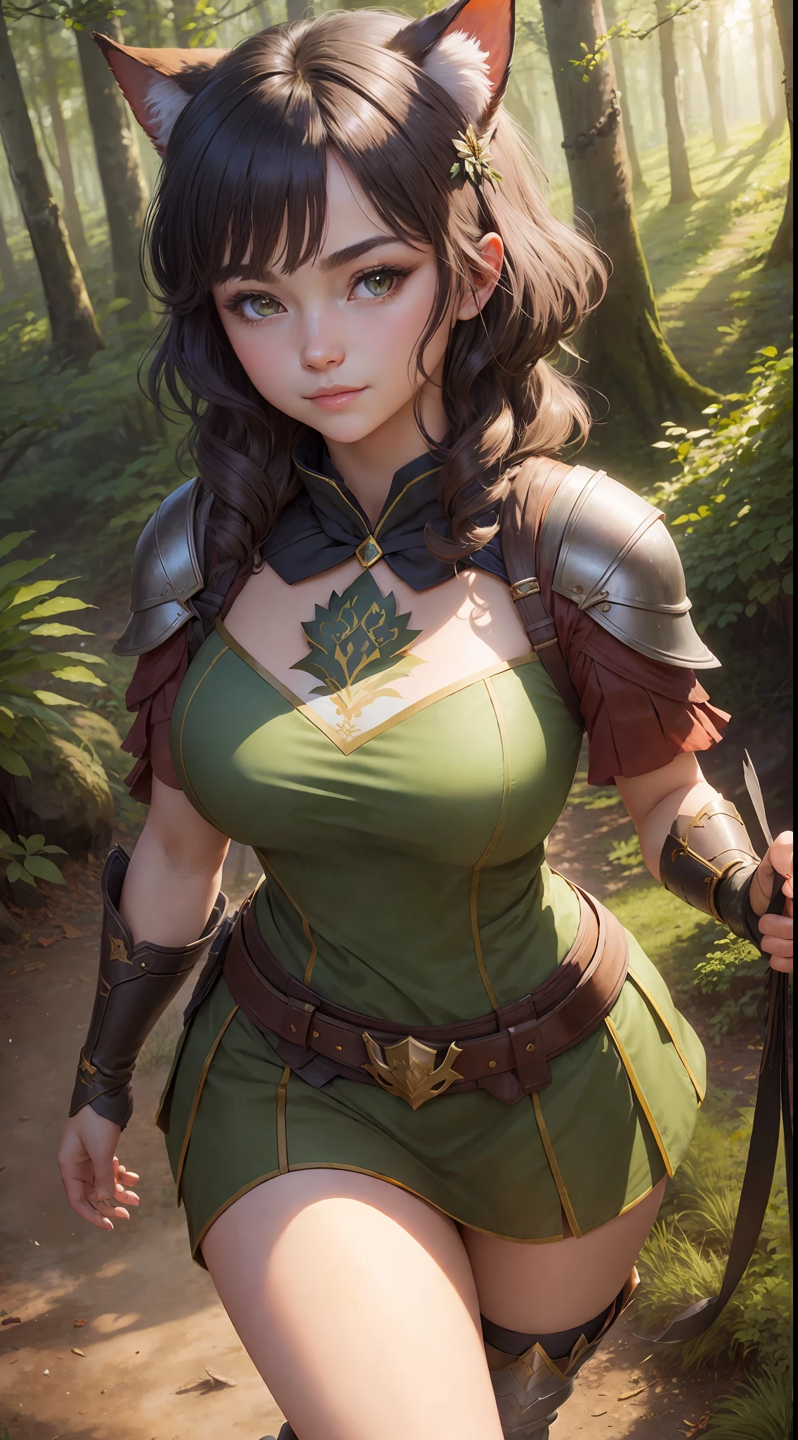 miqote, beautiful woman, ranger armor, bow on her back, short wavy hair, beautiful face, alluring, perfect face, big gorgeous eyes, soft smile, perfect slim fit body, early morning stroll, mystical forest with dense vegetations, bright colors