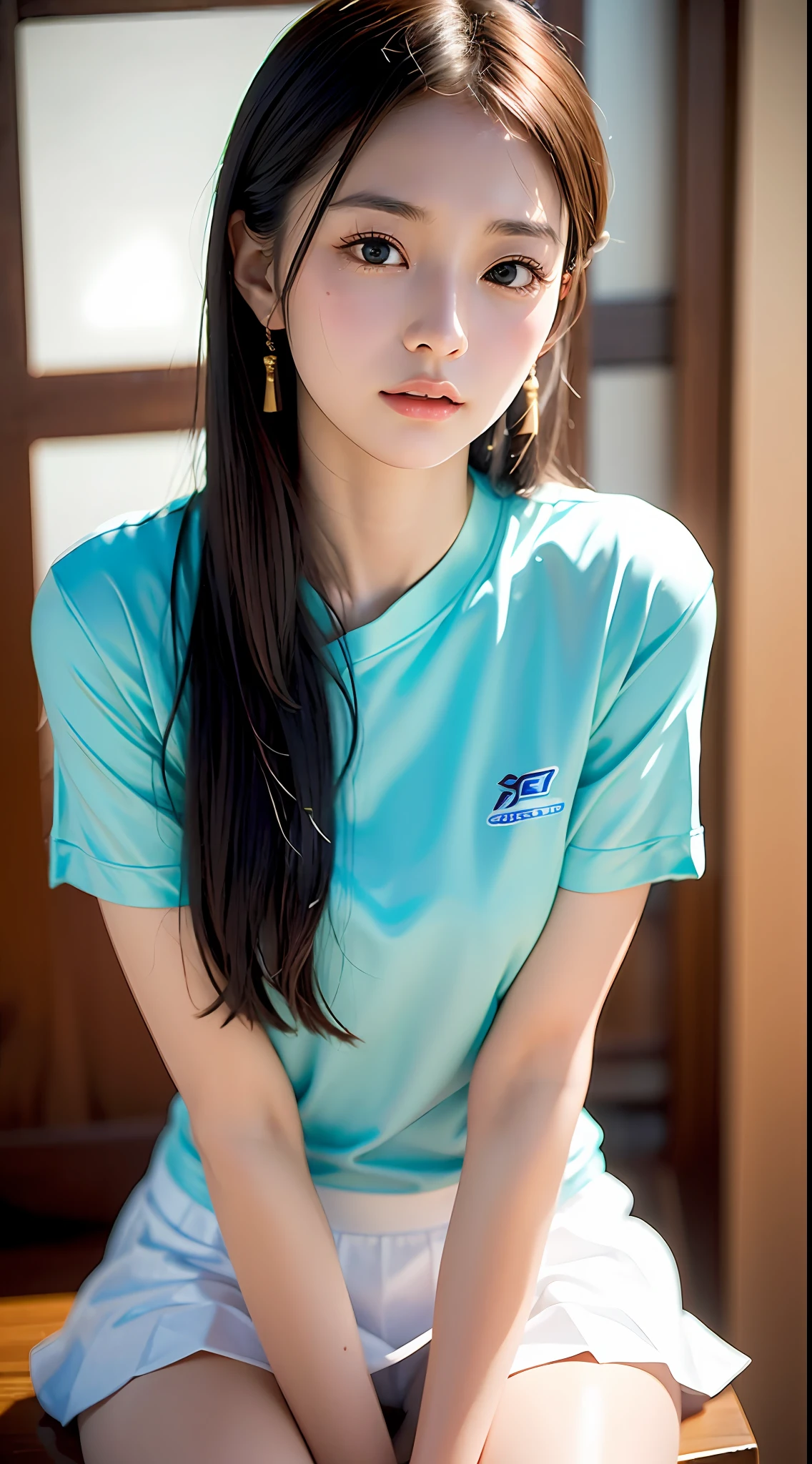 (yinchuan:1.5), close-up, masterpiece, best quality, raw photo, photorealistic, big breasts, beautiful face, soft smile, girl 20 years old, running shirt, white mini skirt, beautiful long legs, middle hair depth of field, high resolution, ultra detail, fine detail, very detailed, highly detailed eyes and face, sharp pupils, realistic pupils,