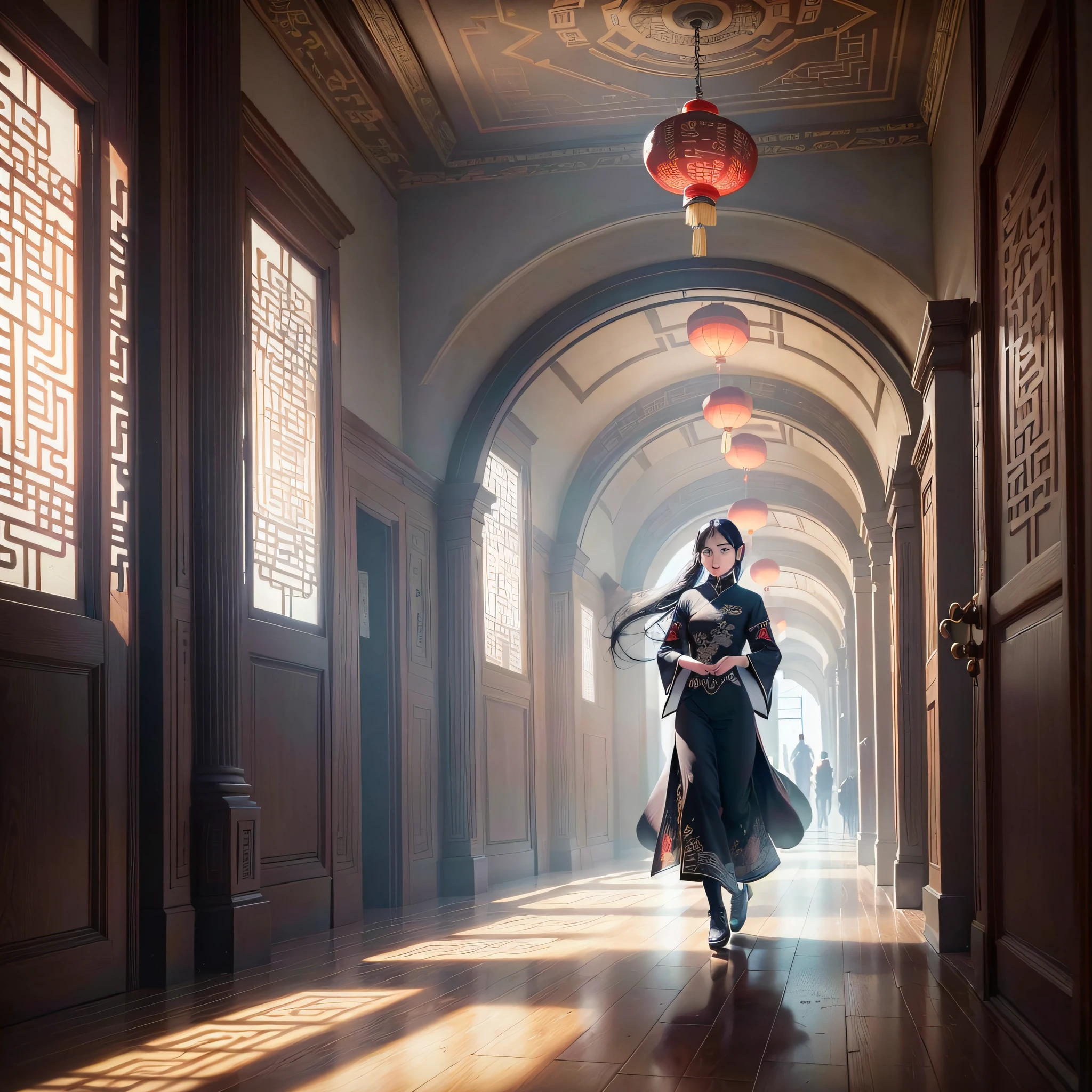 Masterpiece, (((2 people))), a man (((young guy, 20 years old, traditional Chinese craft paper tie man))) ran out the door (((back))), a woman ((20 years old female, long black hair, strong, intelligent, white-skinned, beautiful, brave, black cheongsam)) looked at him, ((((Chinese style))), (eerie, tense, suspenseful, terrifying atmosphere), 8k, HD, HD, high saturation, surreal, high resolution --auto --s2