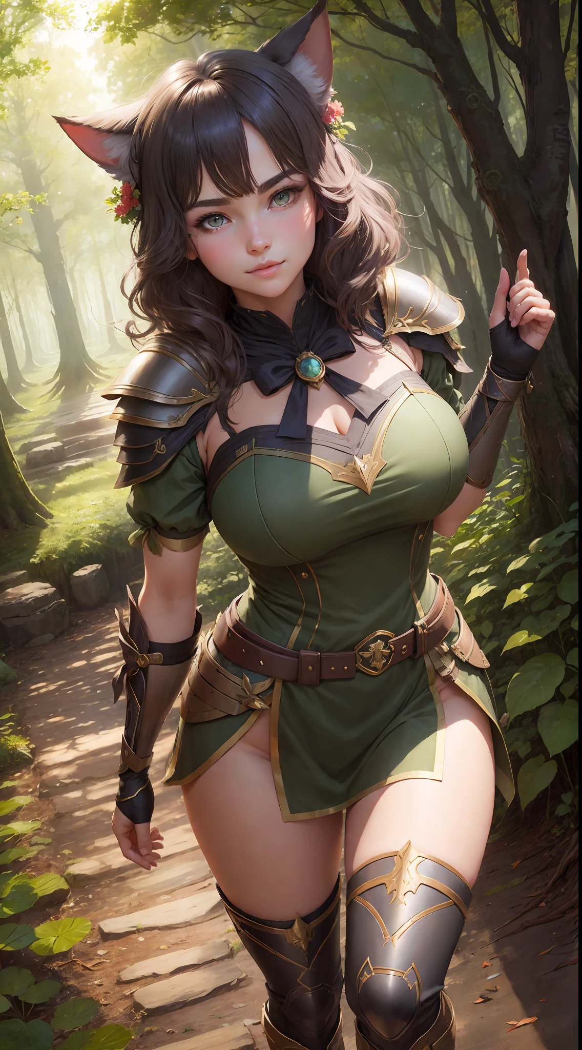miqote, beautiful woman, ranger armor, bow on her back, short wavy hair, beautiful face, alluring, perfect face, big gorgeous eyes, soft smile, perfect slim fit body, early morning stroll, mystical forest with dense vegetations, bright colors