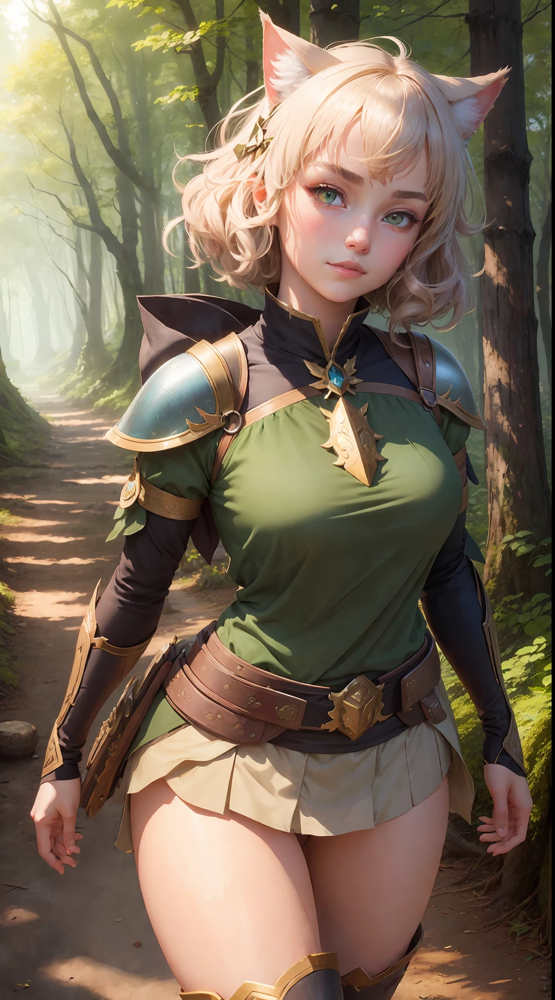 miqote, beautiful woman, ranger armor, bow on her back, short wavy hair, beautiful face, alluring, perfect face, big gorgeous eyes, soft smile, perfect slim fit body, early morning stroll, mystical forest with dense vegetations, bright colors
