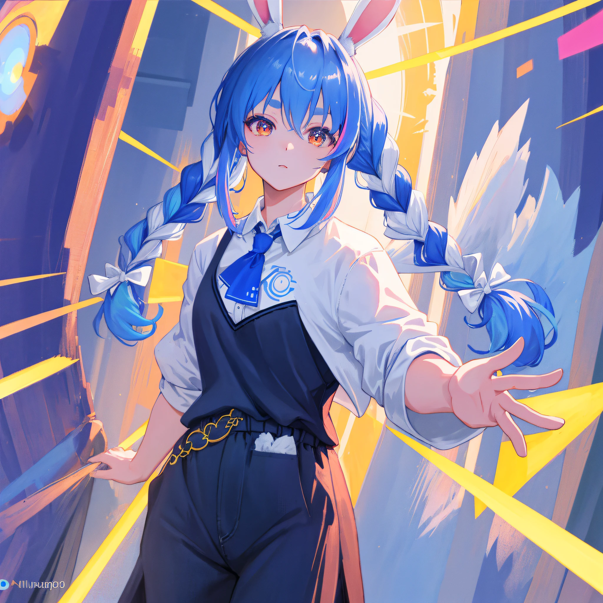 (人物: Usada Pekora), bunny girl, blue hair, twin braids, a girl, solo, {{masterpiece}}, best quality, extremely detailed CG unity 8k wallpaper, cinematic lighting, lens flare, beautiful detail eyes, side glance, colorful light, particles, (colorful:1.5),