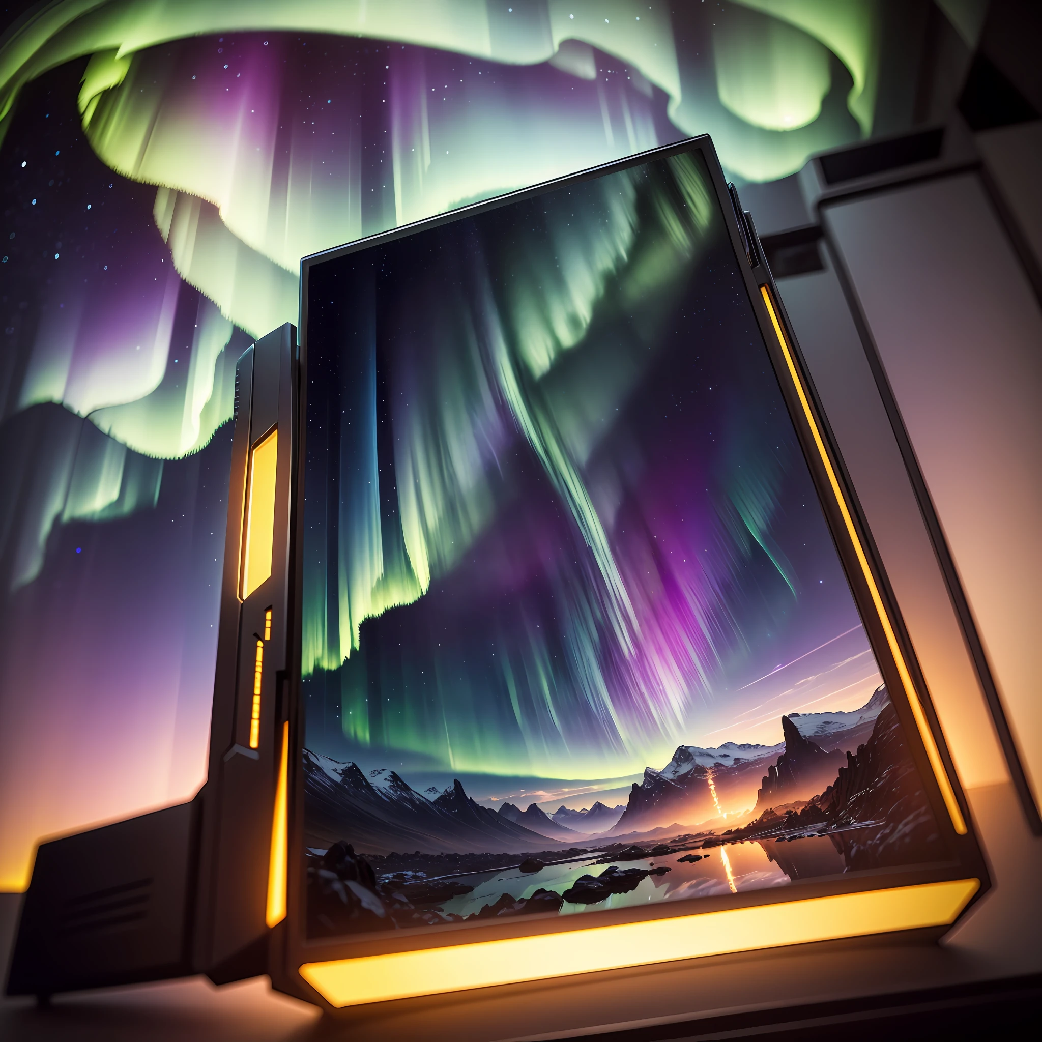 Computer, realistic fantasy, Extensive landscape ultra photography (general view showing glass glass, northern lights, star), blurred background, gloomy, yellow, purple background, magic