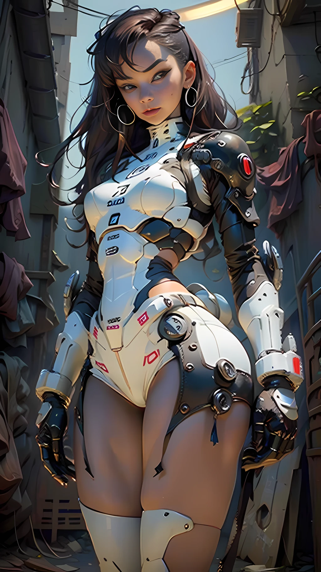 Woman body defined thick thighs cybernetic body parts, short underwear