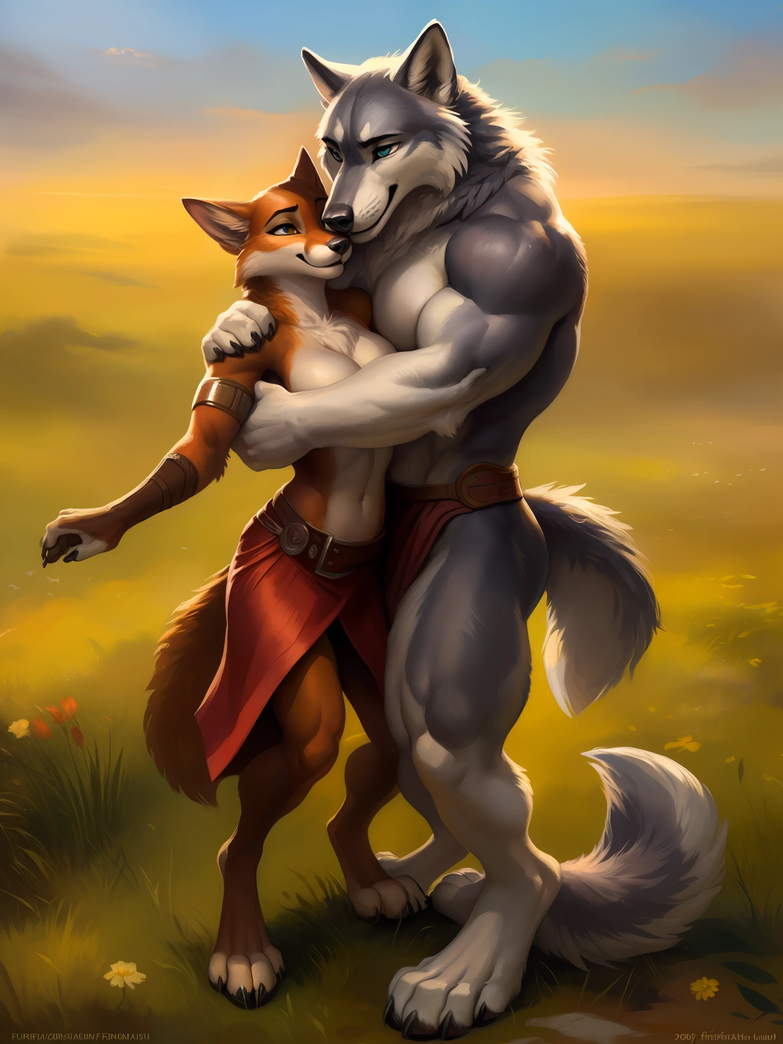 there is a man and a woman hugging each other in a field, attractive athletic bodies, full of muscles, anthro art, very very beautiful furry art, commission for high res, fantasy fox love, furry fantasy art, wolf companion, furry art, furry art!!!, furry wolf, art of kenket zaush ross tran ruan jia bonifasko, fursona art, an anthro wolf, anthro paw pov art, fursona furry art commission