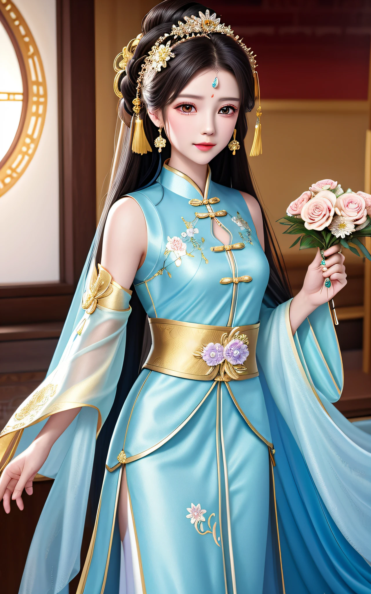 best quality, masterpiece, high resolution, 1girl, chinese wedding dress, hair accessories, necklaces, jewelry, beautiful face, upon_body, tyndall effect, realistic, dark studio, edge lighting, two-tone lighting, (high detail skin: 1.2), 8k UHD, DSLR camera, soft lighting, high quality, volumetric lighting, frankness, photo, high resolution, 4k, 8k, bokeh, a Chinese costume beauty in a blue wide-sleeved flowing fairy skirt, embroidered flowers on her sleeves, black hair and black eyes, His facial features are straight, his skin is white and tender, his expression is gentle, and he holds a bouquet of small flowers and looks into the distance. Her hair was coiled in a bun, her head was decorated with elaborate hair ornaments, and her sides were tied with taupe gold silk hairbands that hung down and had bead tassels at the ends. The whole standing painting presents a 2.5-dimensional style, with smooth lines, clear contours, and full shapes, showing the grace and nobility of this ancient beauty,