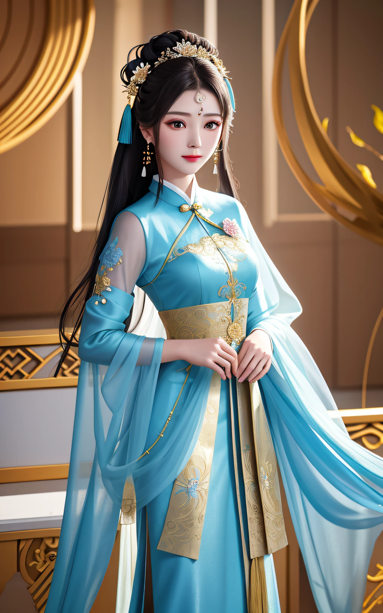 best quality, masterpiece, high resolution, 1girl, chinese wedding dress, hair accessories, necklaces, jewelry, beautiful face, upon_body, tyndall effect, realistic, dark studio, edge lighting, two-tone lighting, (high detail skin: 1.2), 8k UHD, DSLR camera, soft lighting, high quality, volumetric lighting, frankness, photo, high resolution, 4k, 8k, bokeh, a Chinese costume beauty in a blue wide-sleeved flowing fairy skirt, embroidered flowers on her sleeves, black hair and black eyes, His facial features are straight, his skin is white and tender, his expression is gentle, and he holds a bouquet of small flowers and looks into the distance. Her hair was coiled in a bun, her head was decorated with elaborate hair ornaments, and her sides were tied with taupe gold silk hairbands that hung down and had bead tassels at the ends. The whole standing painting presents a 2.5-dimensional style, with smooth lines, clear contours, and full shapes, showing the grace and nobility of this ancient beauty,