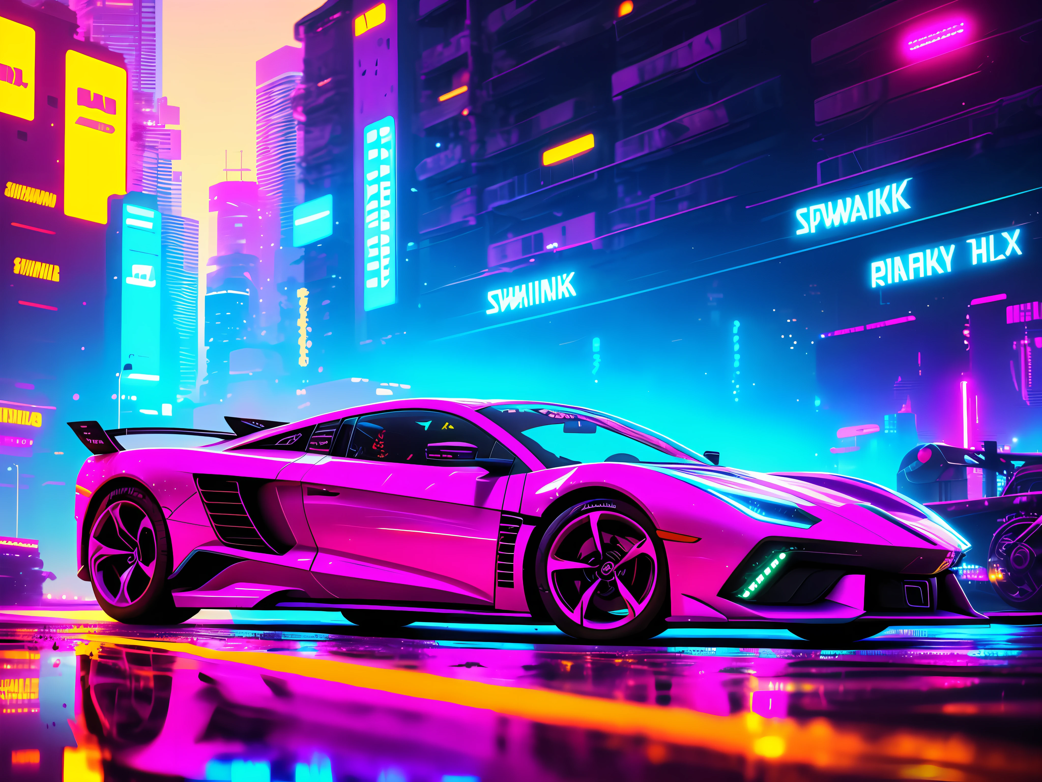 swpunk, synthwave, paint splatters, (extremely detailed 8k wallpaper), a medium shot photo of a futuristic concept car parked in an elaborate cyberpunk city, ray tracing, detailed reflections, Intricate, High Detail, dramatic, best quality masterpiece, photorealistic, detailed, 8k, HDR, backlighting, bloom, light sparkles, chromatic aberration, sharp focus