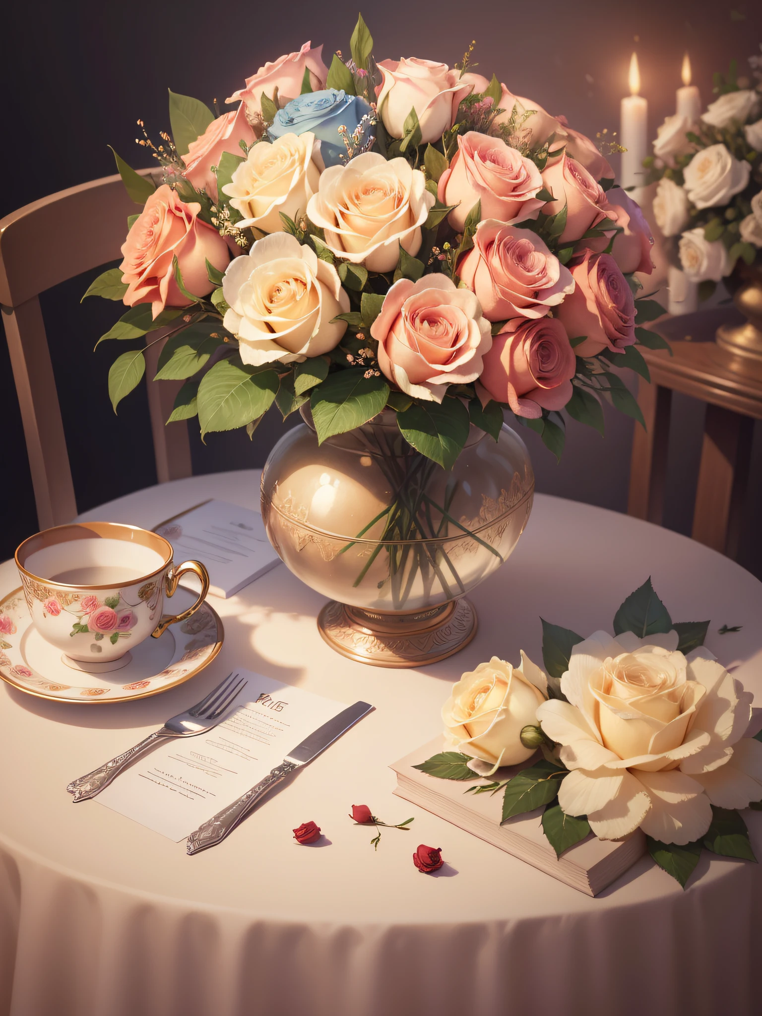 High quality, high detail, 8k, lots of flowers on table, floral art association, flowers, bouquet of roses, no figures, rose background, beautiful digital illustration, pastel roses, soft flowers, beautiful digital illustrations, elegant digital painting, romantic art style, realistic illustration, watercolor style