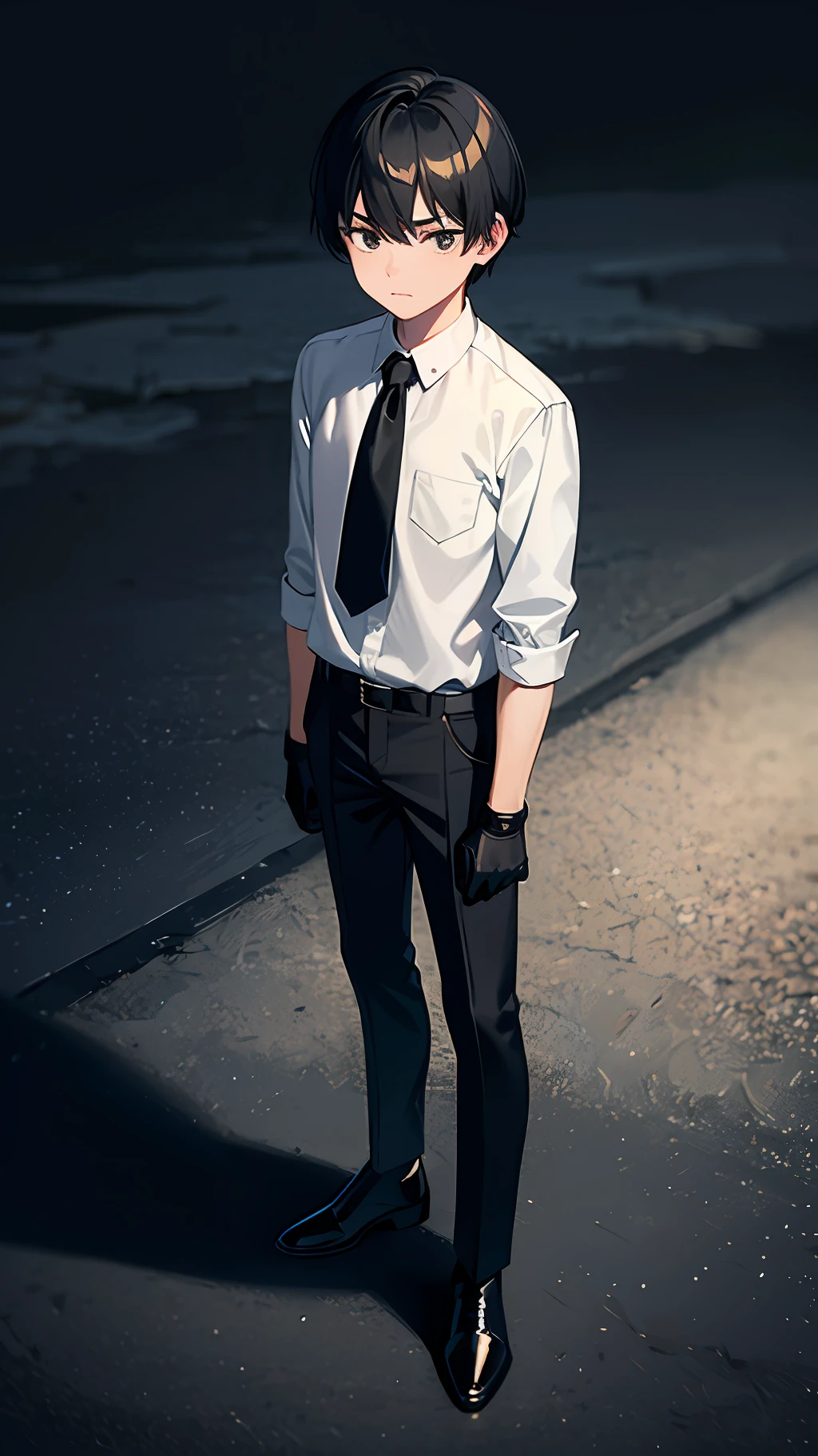 A boy, young, black hair, short hair, straight face, white shirt, black pants, black gloves, gold coins on the ground