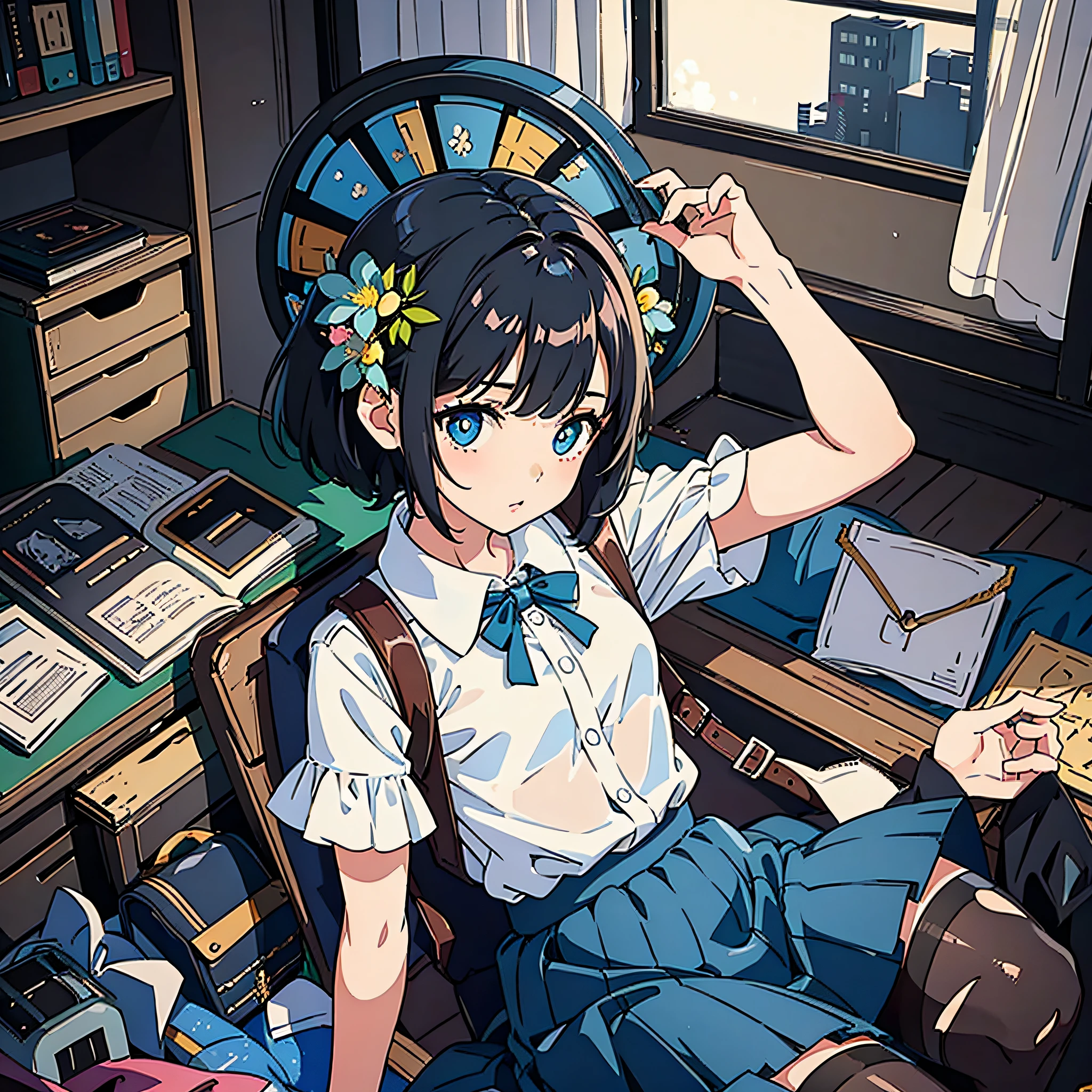 1 little girl, short black hair, blue pupils, cute, delicate face, small skirt with broken flowers, bag in hand, put in drawer, bedroom, dimly lit room