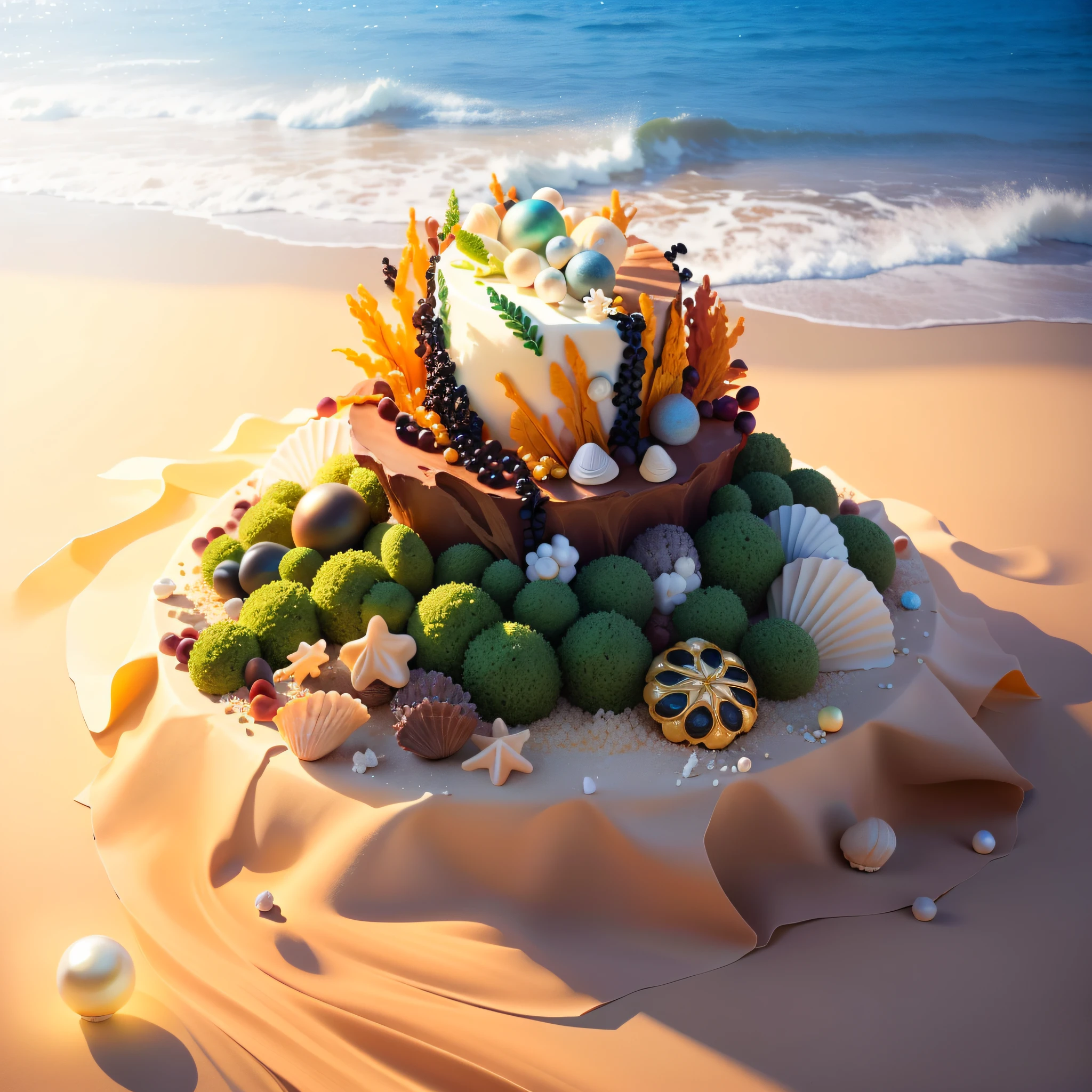 Cakes, cakes made of grains of sand, marble, precious stones, leaves and pearls with shells and seaweed