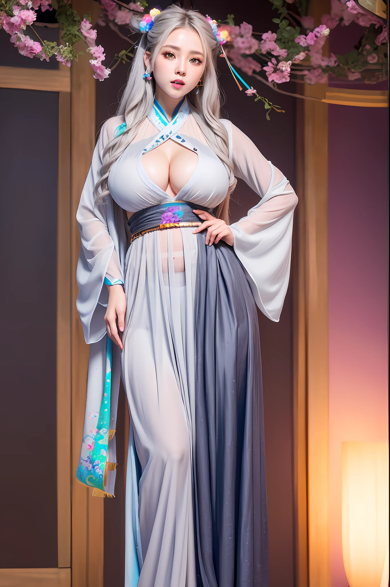 CG,unity,8k wallpaper, Amazing, finely detail,masterpiece,best quality,official art,very detailed CG unified 8k wallpaper,ridiculous,incredibly ridiculous,huge file size,super detail,high resolution,very detailed,beautiful detailed girl,very detailed eyes and face,beautiful detailed eyes,light on face,movie lights,(((colorful sexy hanfu)), 1girl, full body, full body photo, See-through, looking at the viewer, ((gray hair)), ((bliss)) huge breasts, sexy belly pockets