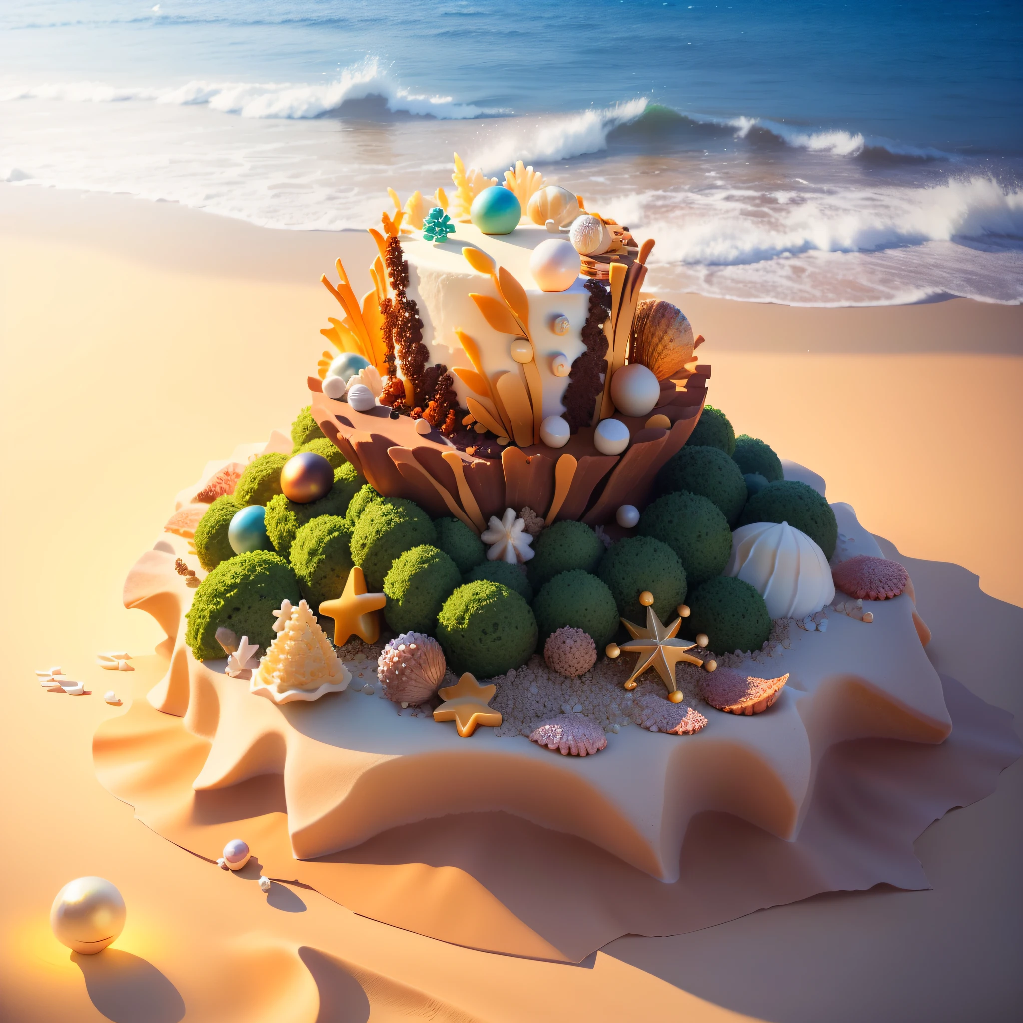Cakes, cakes made of grains of sand, marble, precious stones, leaves and pearls with shells and seaweed