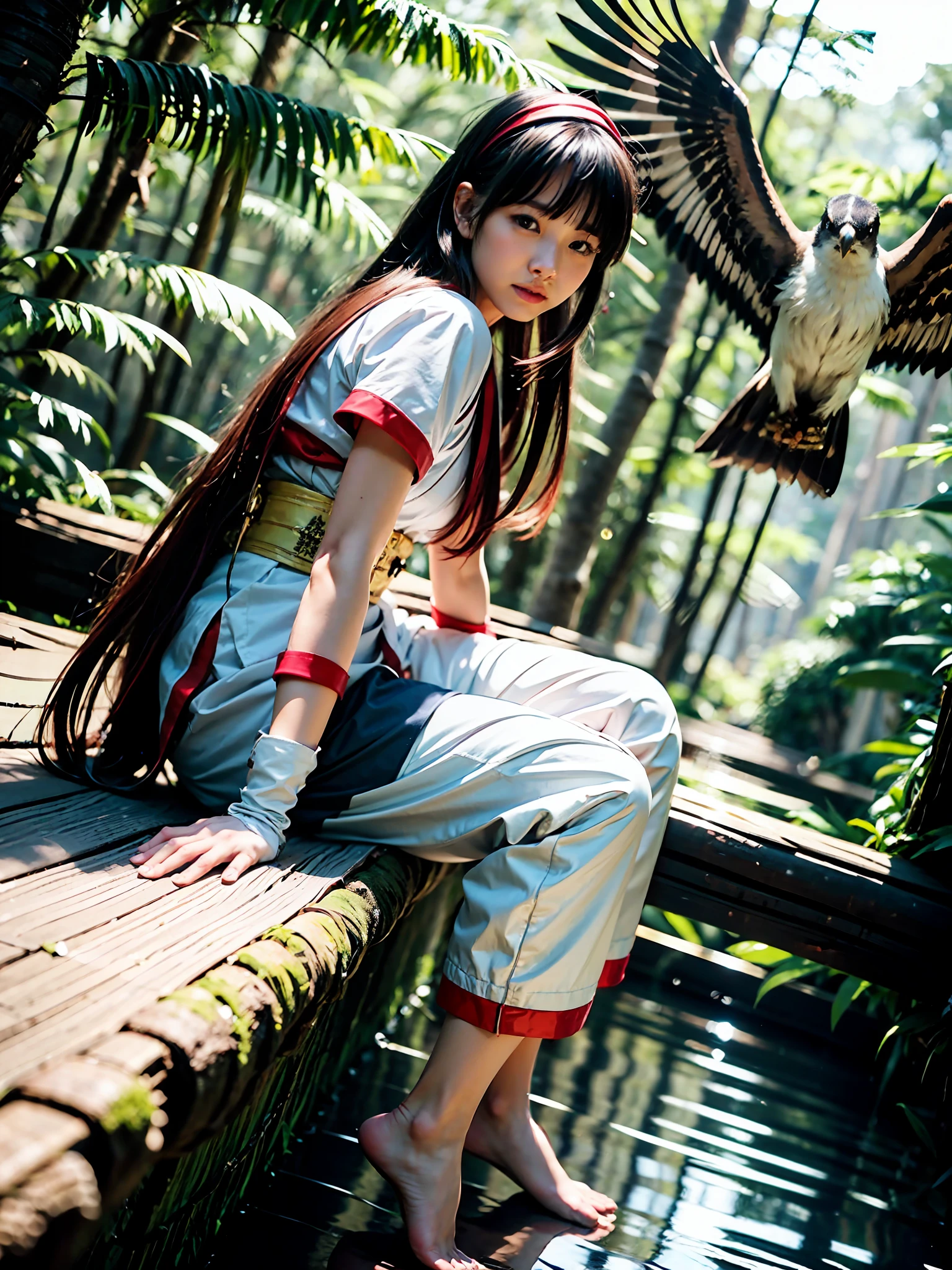 masterpiece, Best quality,1girl, sitting on a log, lake under log, red bow, bow, long hair, hair bow, Ainu clothing, Solo, Hair band, Bird, Black hair, Fingerless gloves, Short sleeves, Gloves, Sash, Pants, Bangs, Red hair band, Weapon, Chest, Brown eyes, White trousers, Barefoot, toes, Japanese clothes, Nakoruru, Light smile, Official Art, (Foot Focus), (Dynamic Angle), Nature background, samurai, onmyoji style, high resolution, dramatic lighting and shadows, sun flare, blurred foreground