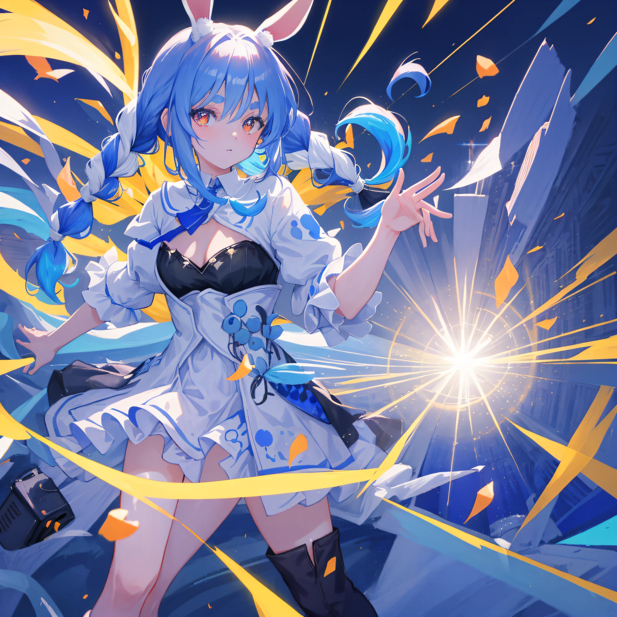 (人物: Usada Pekora), bunny girl, blue hair, twin braids, a girl, solo, {{masterpiece}}, best quality, extremely detailed CG unity 8k wallpaper, cinematic lighting, lens flare, beautiful detail eyes, side glance, colorful light, particles, (colorful:1.5),