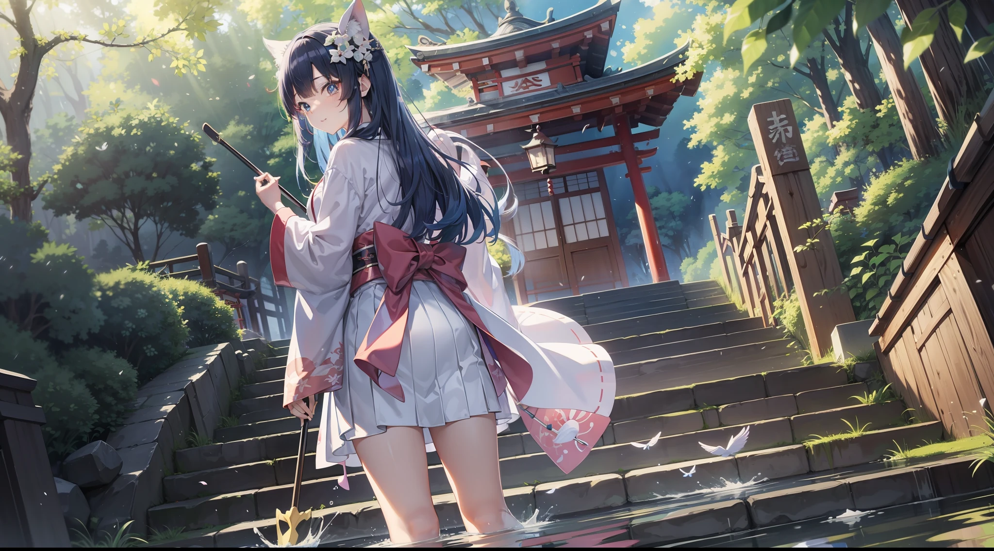 a beautiful female, walk on the stairs to the japanese shrine, looks back at the viewer, wearing Cape hood and skirt, after rainny, paddle of water on the stairs shining, the cherry bolssom flutter from the top of the stairs, long hair, gradient hair, blue hair, silver hair, black hair, fingersmile, first-person view, ray tracing, reflection light, anime style, masterpiece, high quality, anatomically correct, ccurate, super detail, UHD, HD