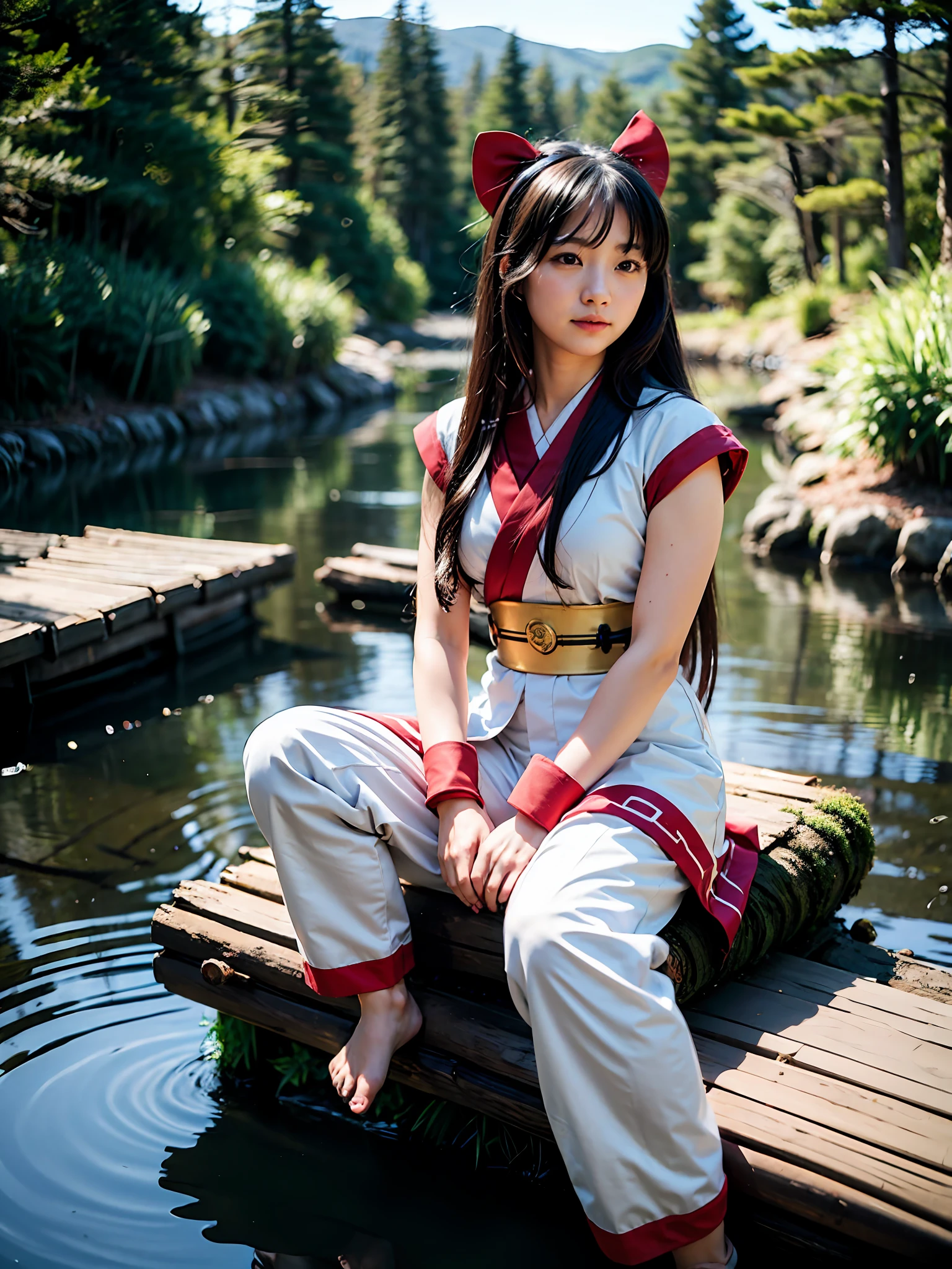 masterpiece, Best quality,1girl, sitting on a log, lake under log, red bow, bow, long hair, hair bow, Ainu clothing, Solo, Hair band, Bird, Black hair, Fingerless gloves, Short sleeves, Gloves, Sash, Pants, Bangs, Red hair band, Weapon, Chest, Brown eyes, White trousers, Barefoot, toes, Japanese clothes, Nakoruru, Light smile, Official Art, (Foot Focus), (Dynamic Angle), Nature background, samurai, onmyoji style, high resolution, dramatic lighting and shadows, sun flare, blurred foreground